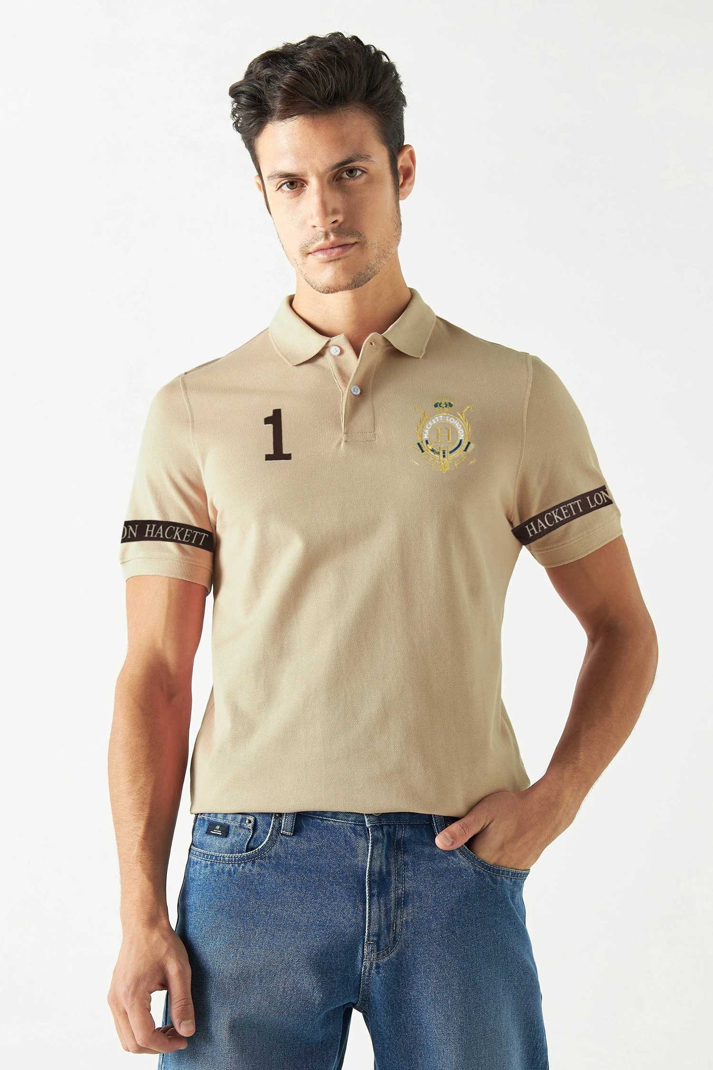 Hackt Lndn Heritage Crown Graphic Men's Polo Shirt In Beige