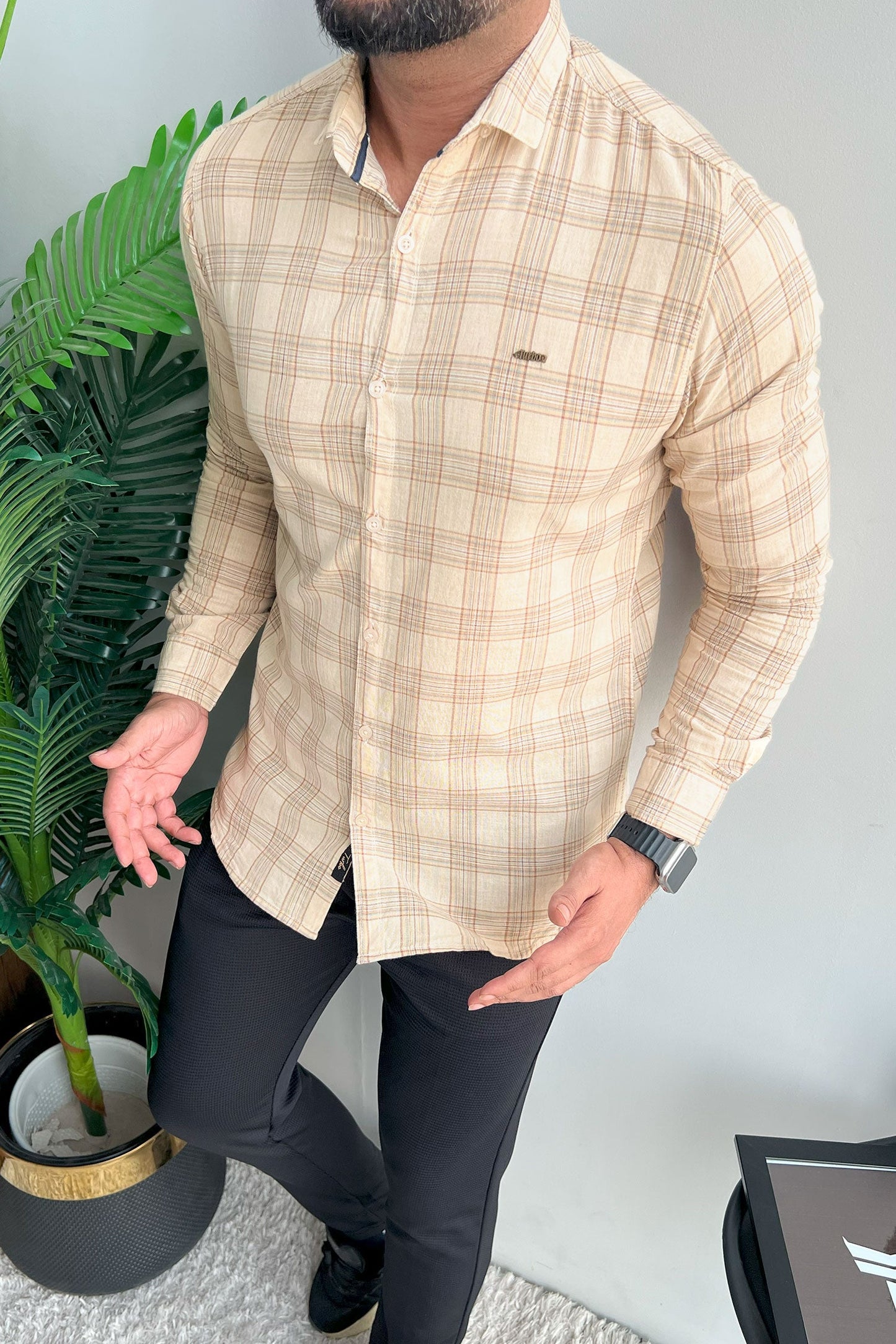 Turbo FearLess Checked Long Sleeve Cotton Casual Shirt In Beige