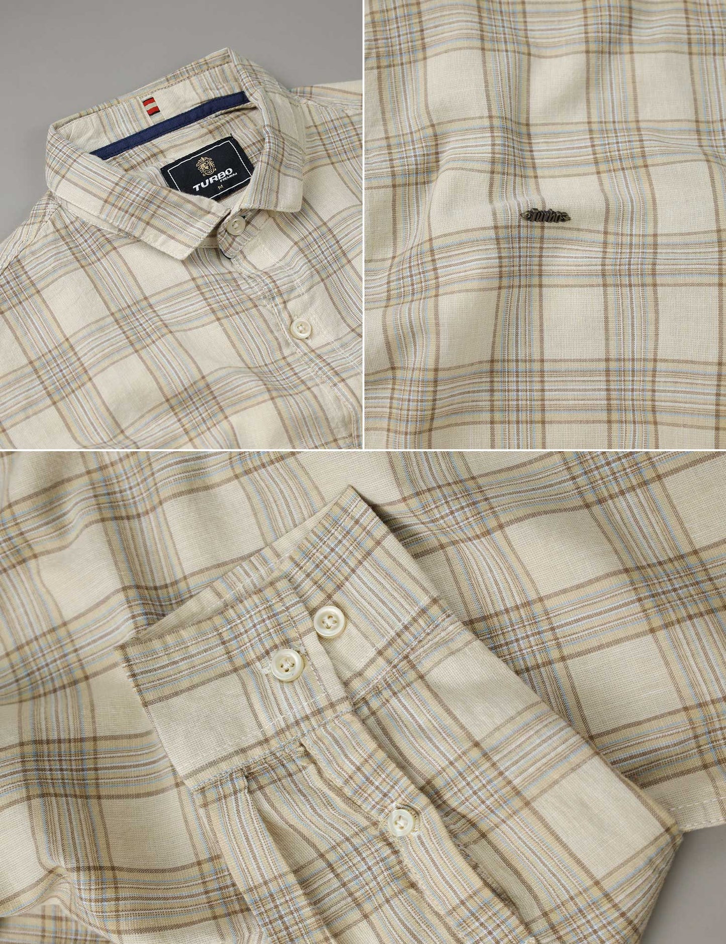 Turbo FearLess Checked Long Sleeve Cotton Casual Shirt In Beige