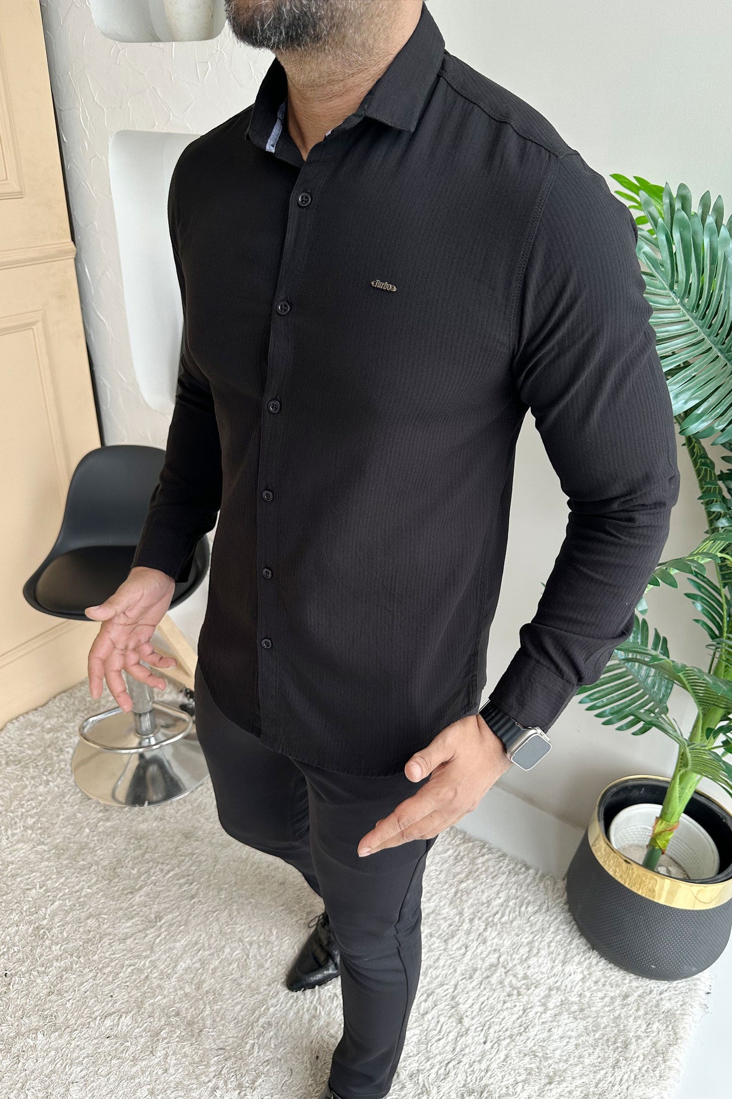 Turbo Self Lining Long Sleeve Cotton Casual Shirt In Black