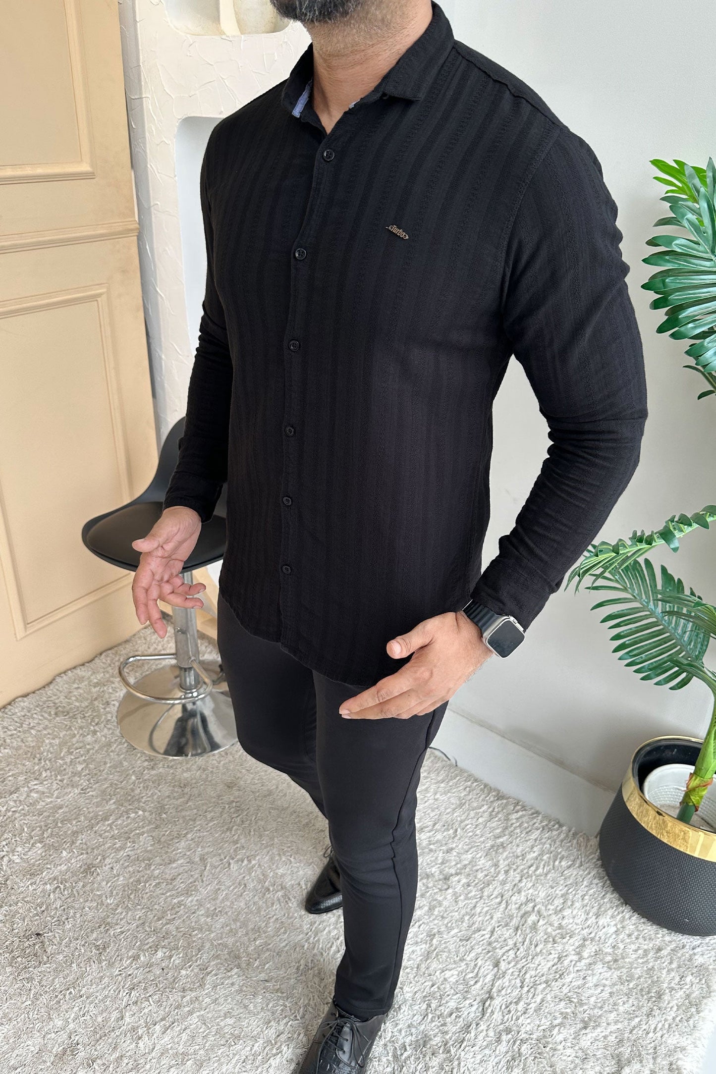 Turbo Self Stripe Motif Long Sleeve Cotton Casual Shirt In Black