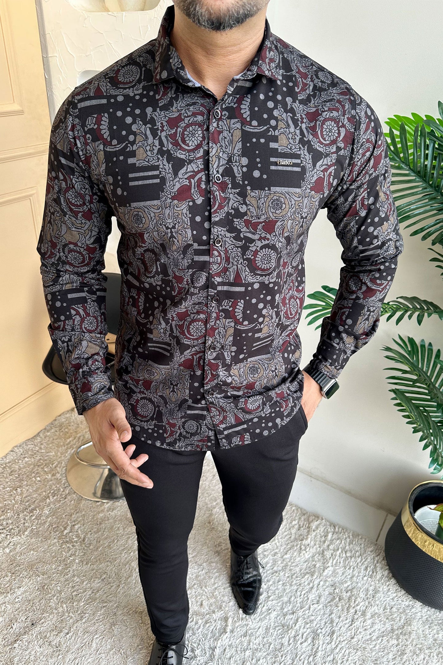 Turbo Retro Flower Motif Long Sleeve Cotton Casual Shirt In Black
