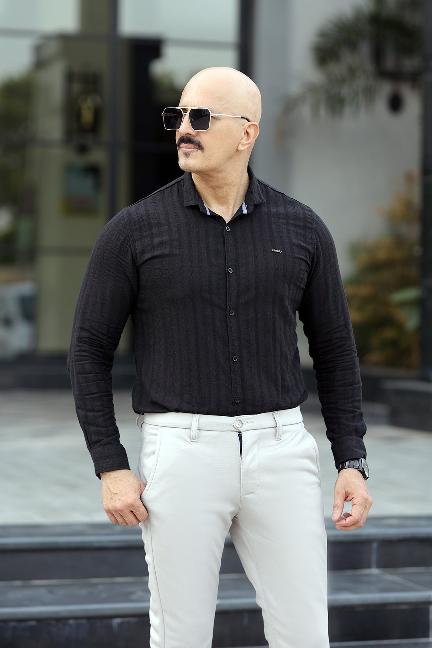 Turbo Self Stripe Motif Long Sleeve Cotton Casual Shirt
