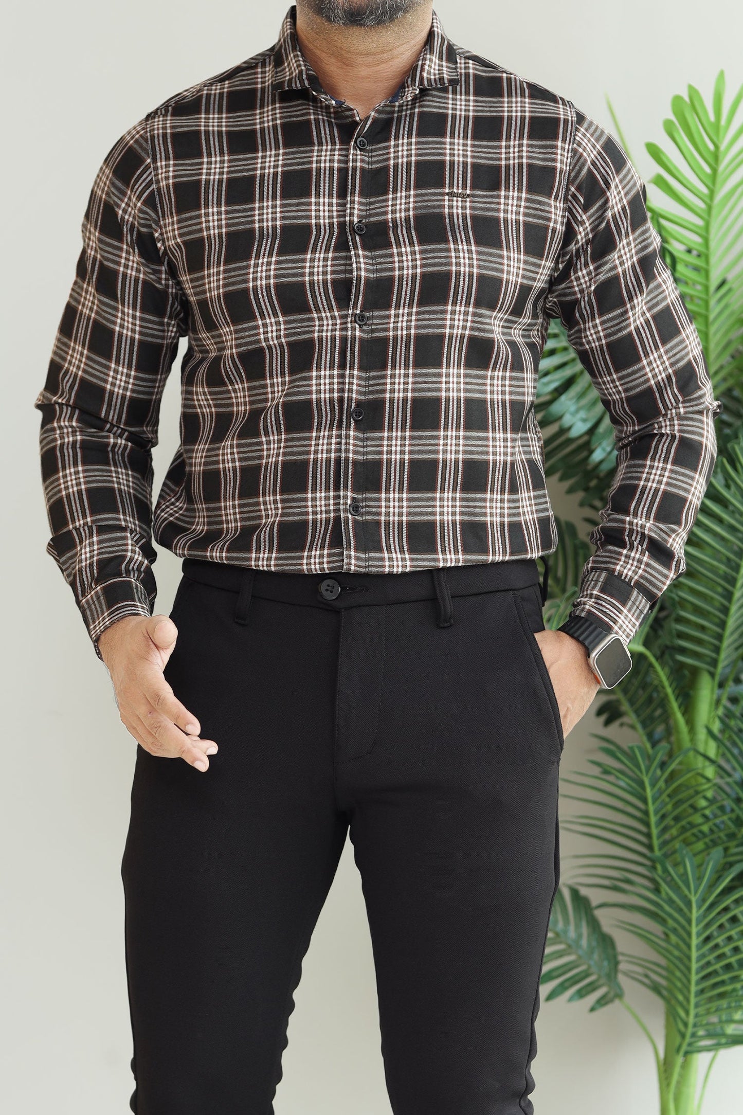 Turbo Tattersall Checkered Long Sleeve Cotton Casual Shirt In Black