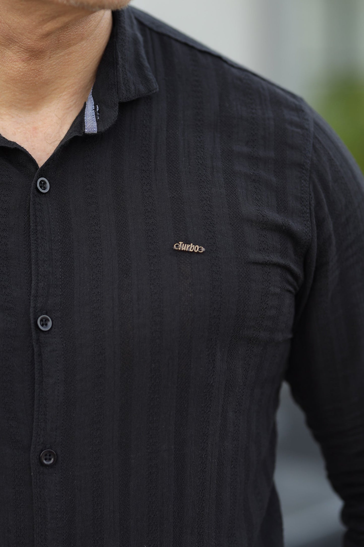 Turbo Self Stripe Motif Long Sleeve Cotton Casual Shirt