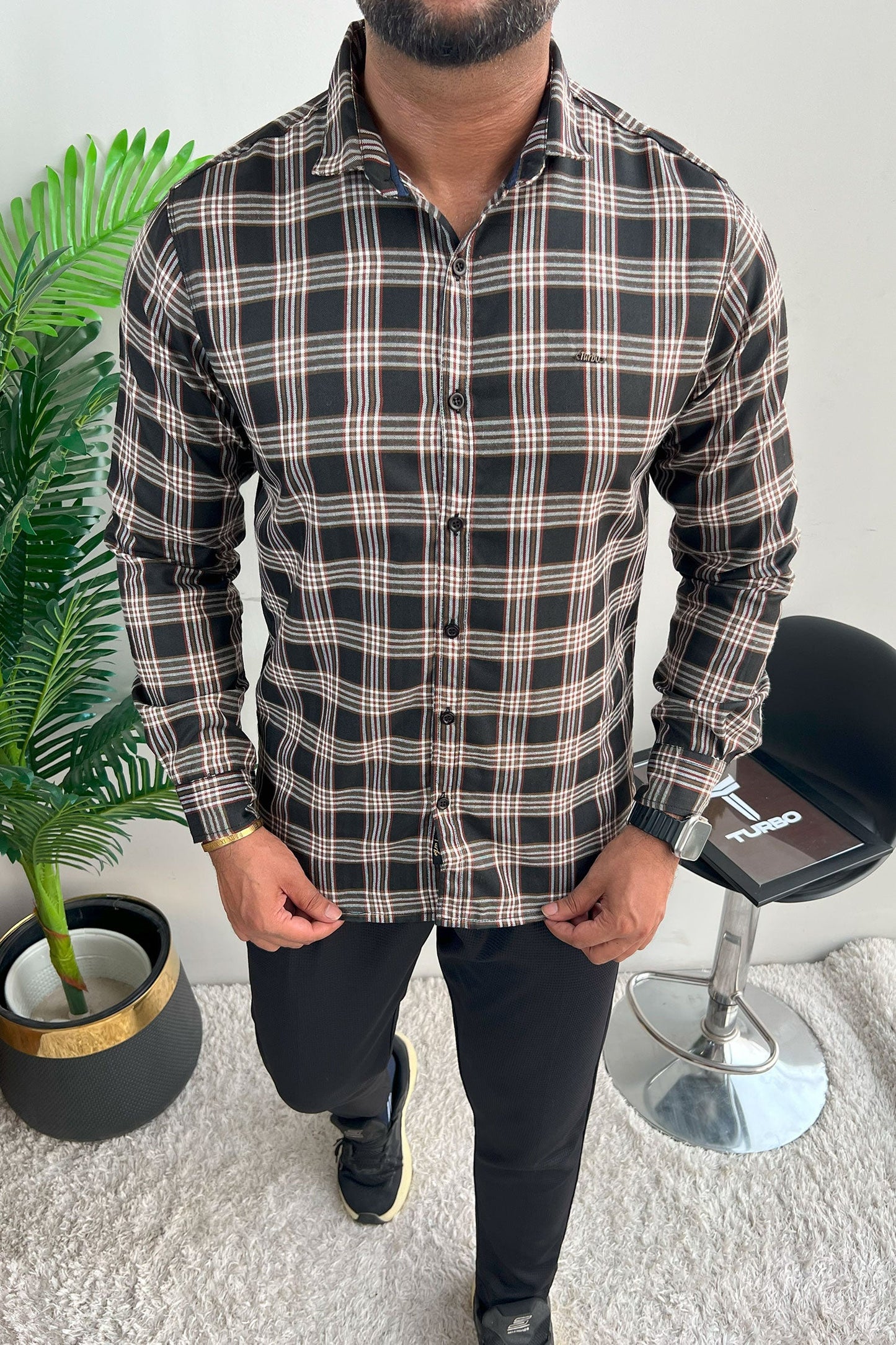 Turbo Tattersall Checkered Long Sleeve Cotton Casual Shirt In Black