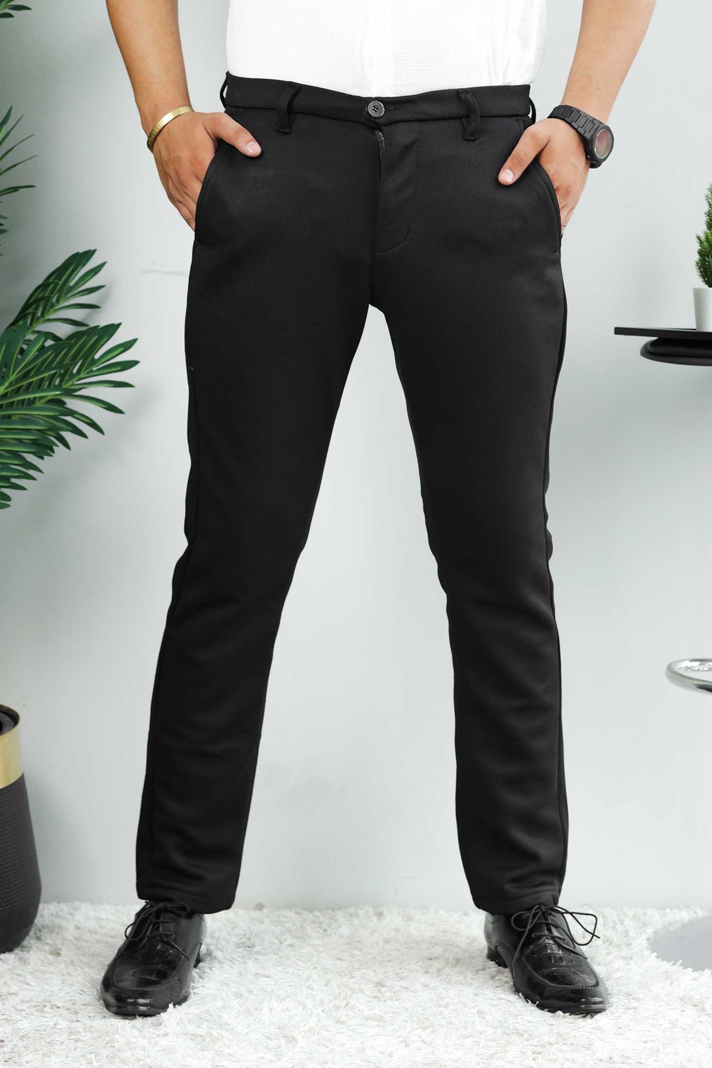 Elegant Self Texture Knitted Cotton Ankle fit Pant In Black