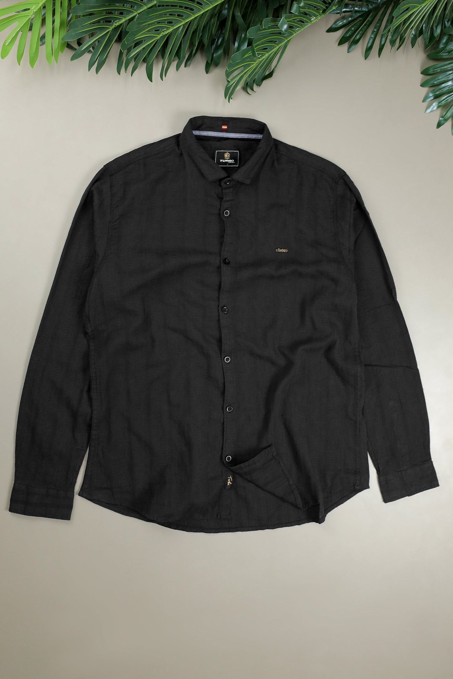 Turbo Self Stripe Motif Long Sleeve Cotton Casual Shirt In Black
