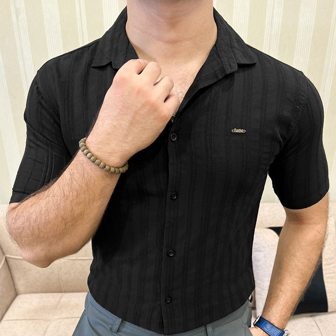 Fabrico Texture Crochet Casual Shirt In Black