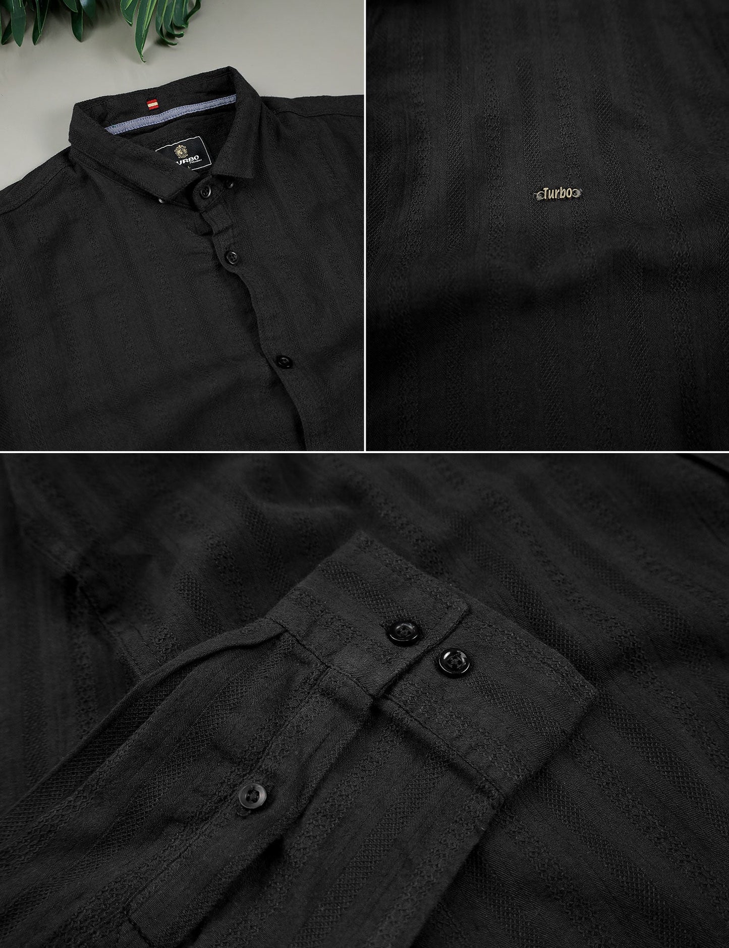 Turbo Self Stripe Motif Long Sleeve Cotton Casual Shirt In Black