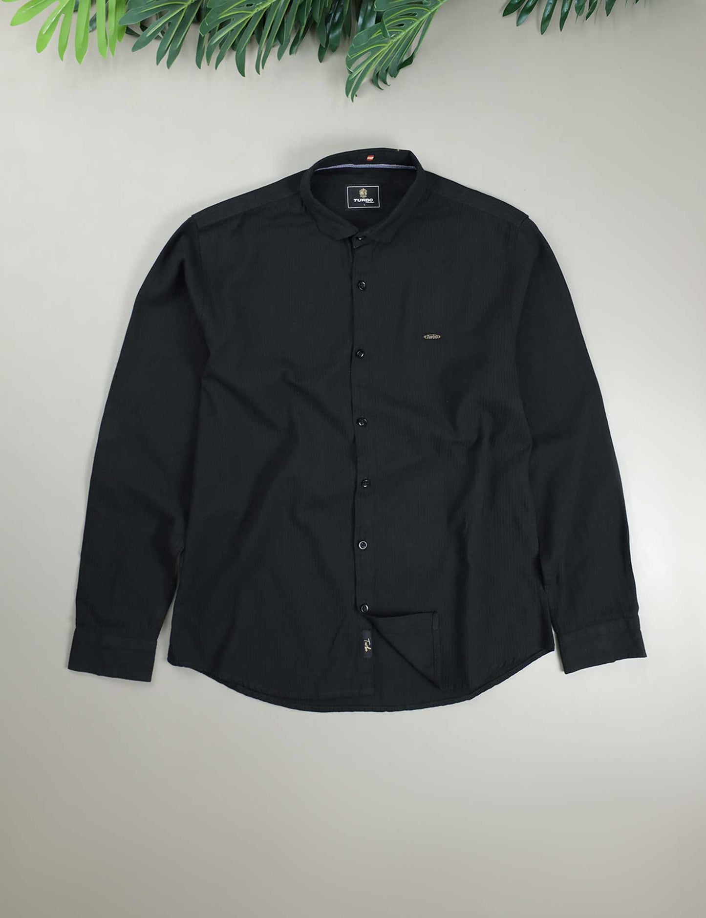 Turbo Self Lining Long Sleeve Cotton Casual Shirt In Black