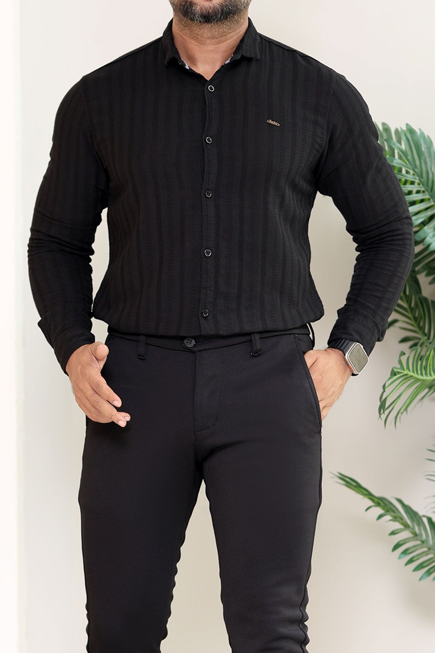 Turbo Self Stripe Motif Long Sleeve Cotton Casual Shirt In Black