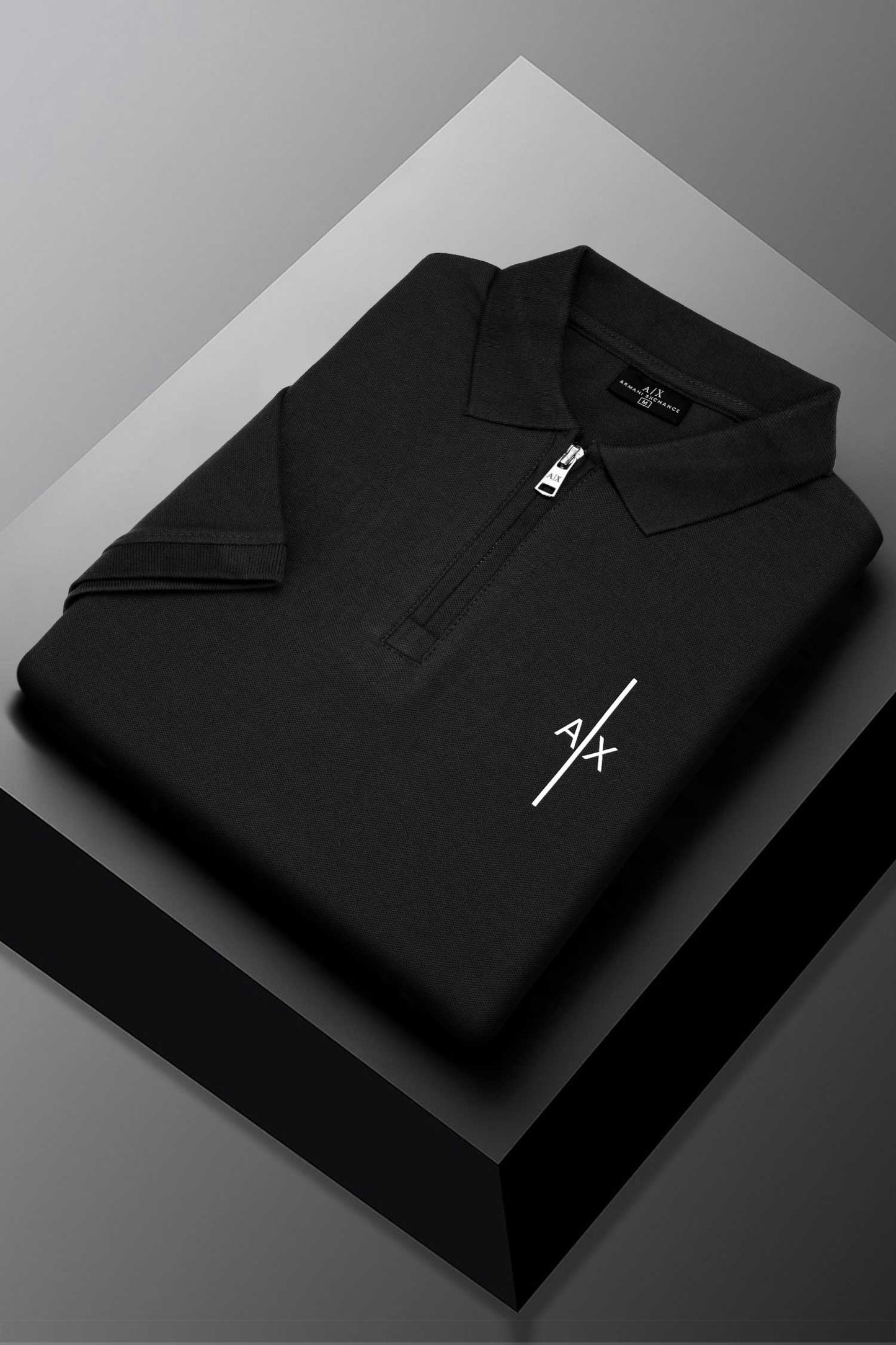 Armni Icon Stripe Zip-Placket Men's Polo Shirt In Black