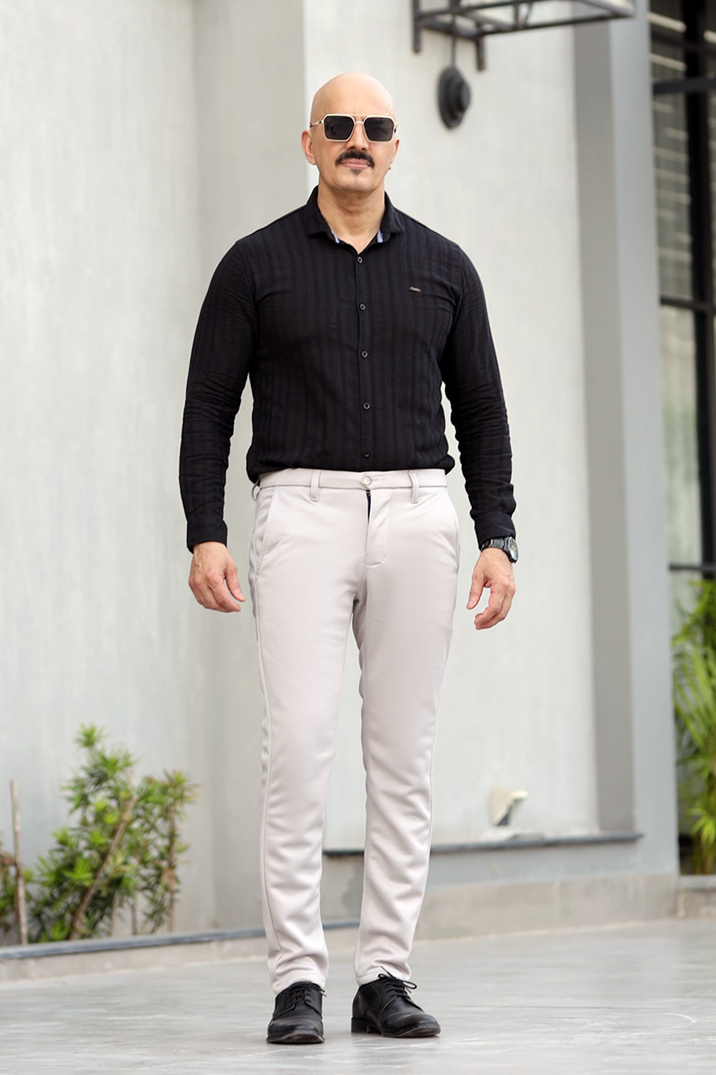 Turbo Self Stripe Motif Long Sleeve Cotton Casual Shirt