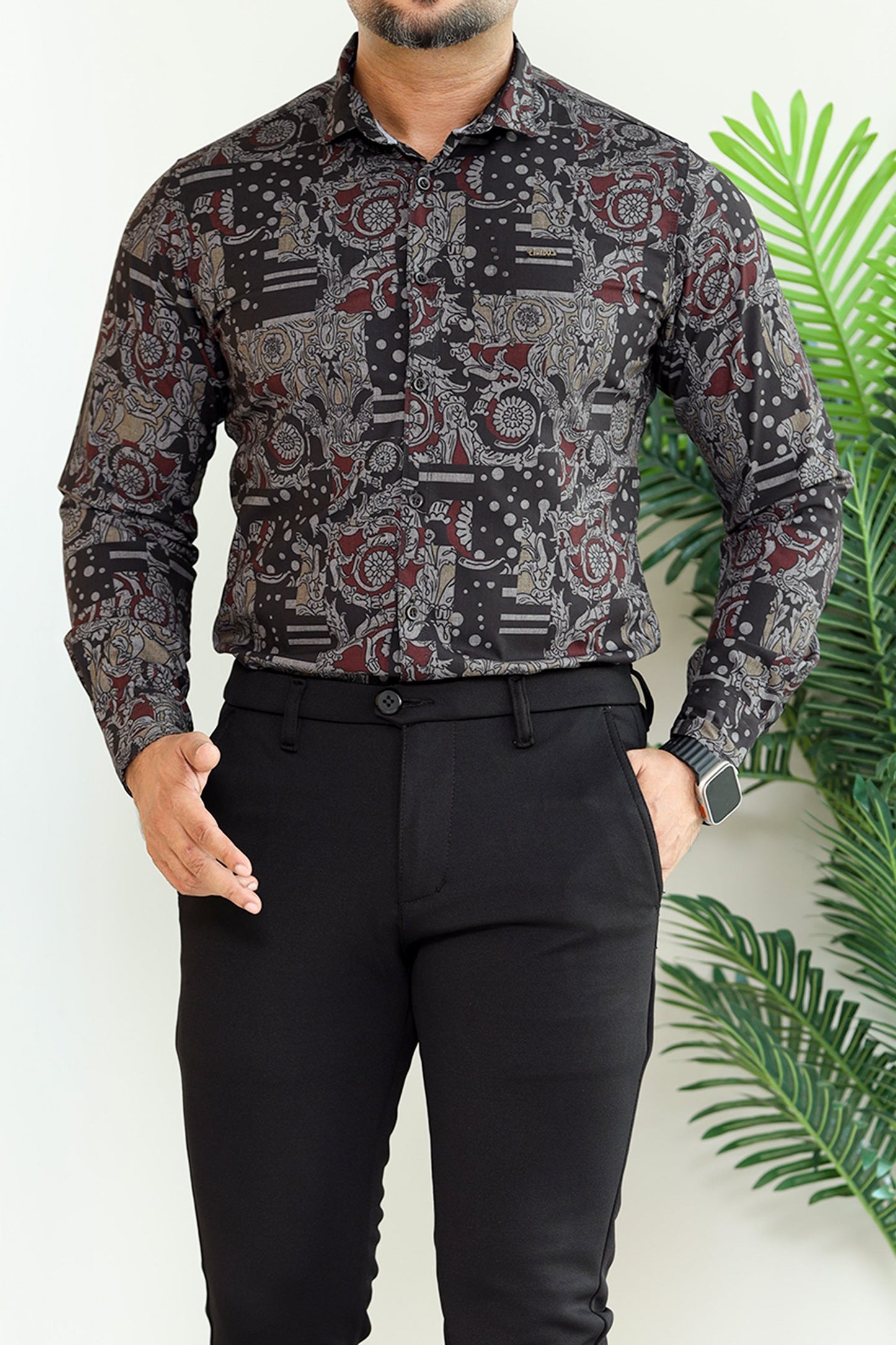 Turbo Retro Flower Motif Long Sleeve Cotton Casual Shirt In Black