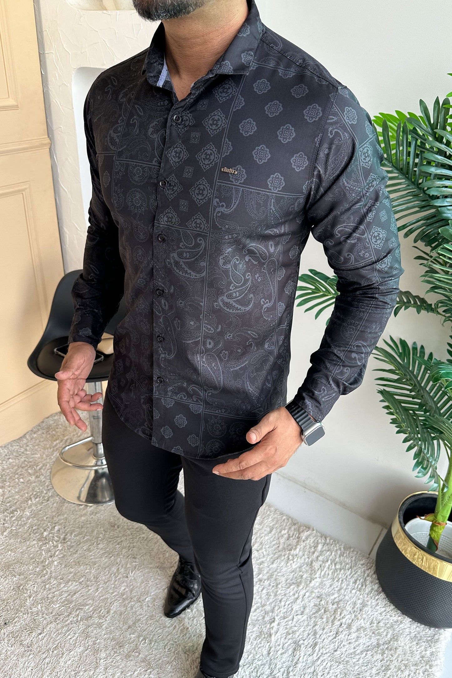 Turbo Splash Printed Long Sleeve Cotton Casual Shirt In Black