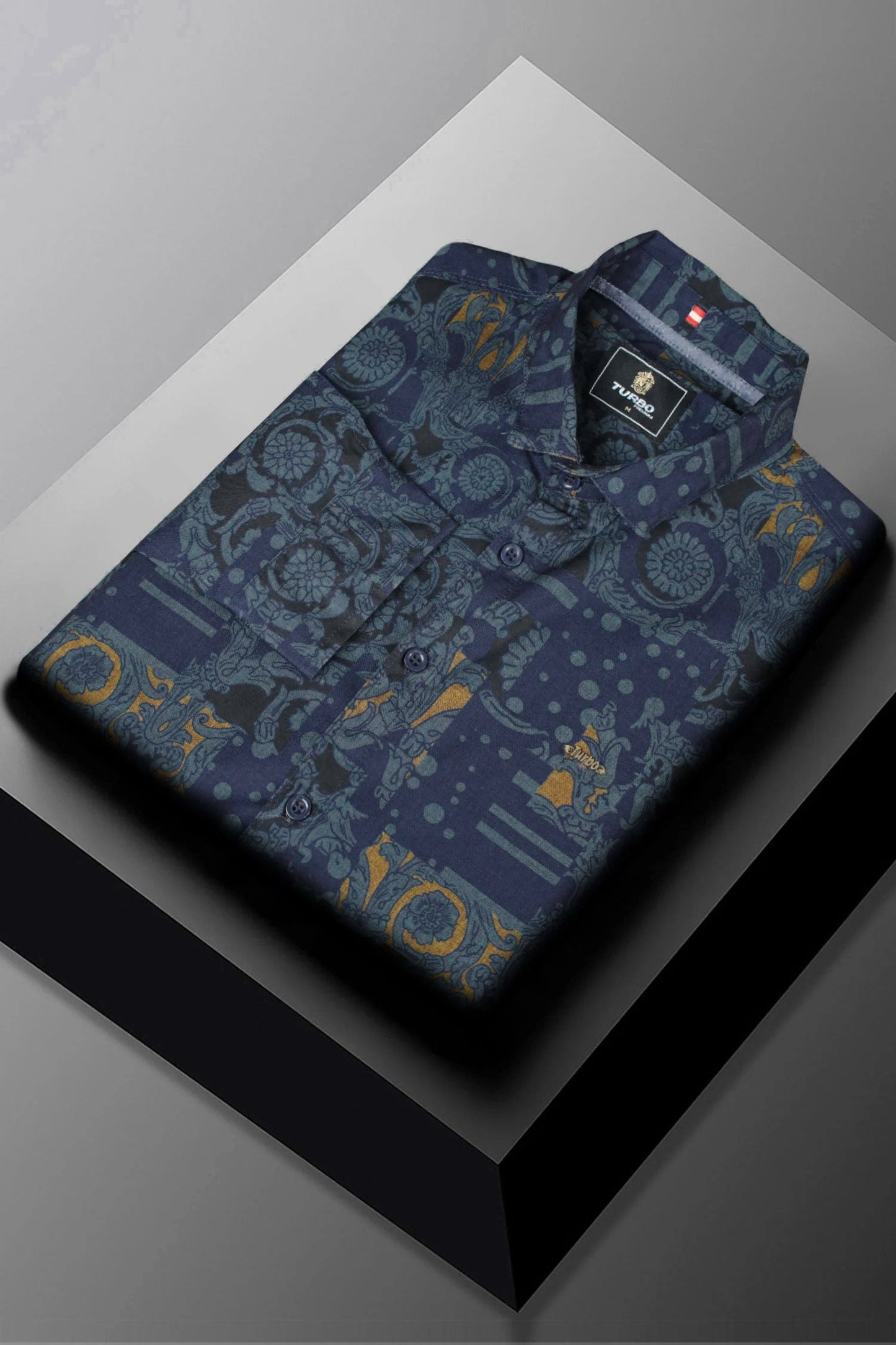 Turbo Retro Flower Motif Long Sleeve Cotton Casual Shirt In Blue