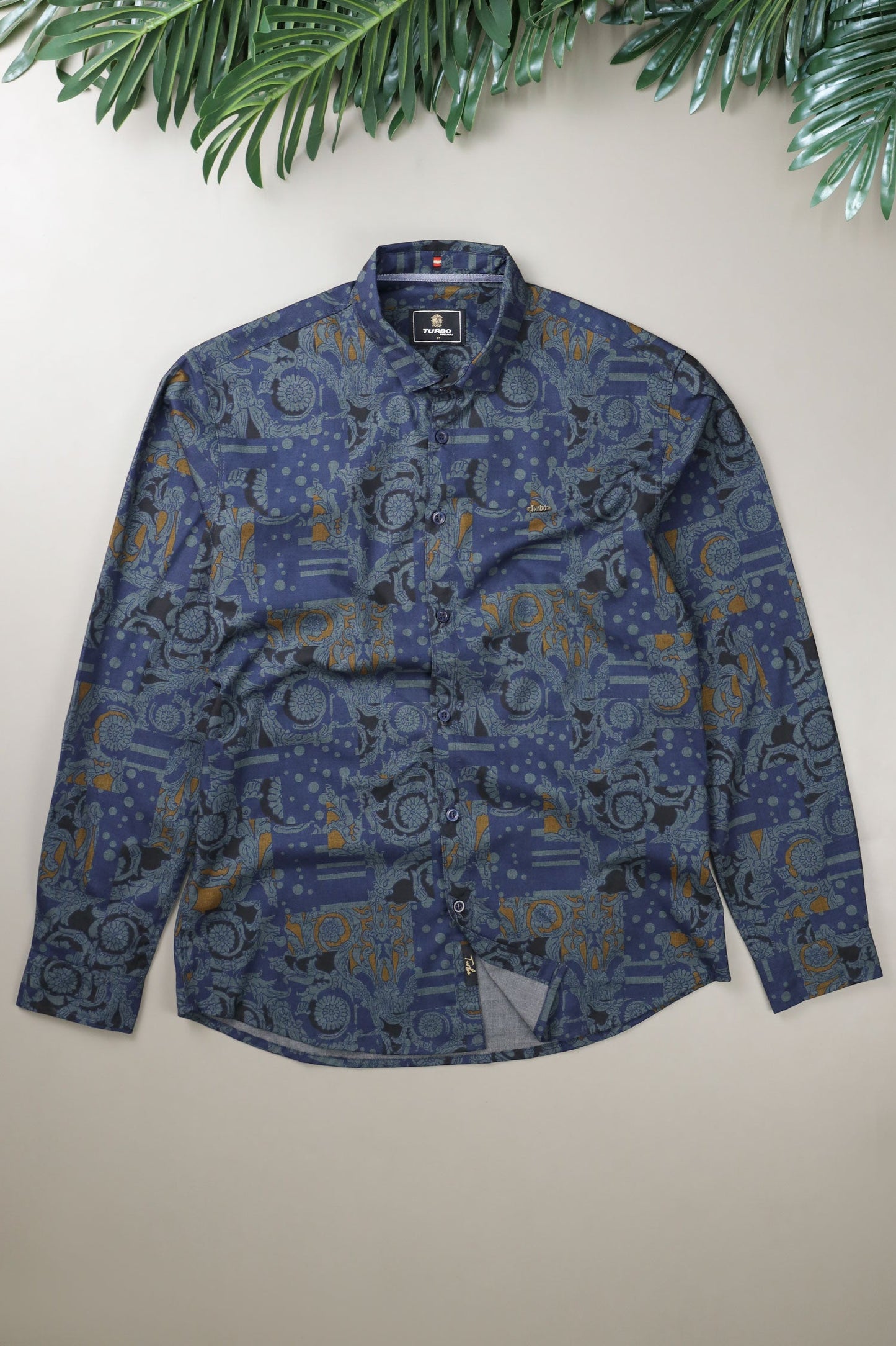 Turbo Retro Flower Motif Long Sleeve Cotton Casual Shirt In Blue
