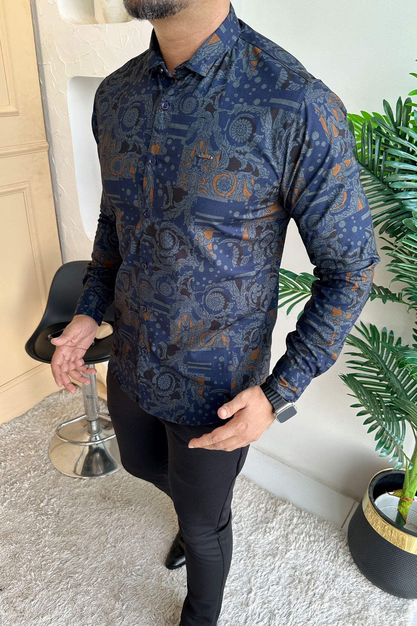Turbo Retro Flower Motif Long Sleeve Cotton Casual Shirt In Blue