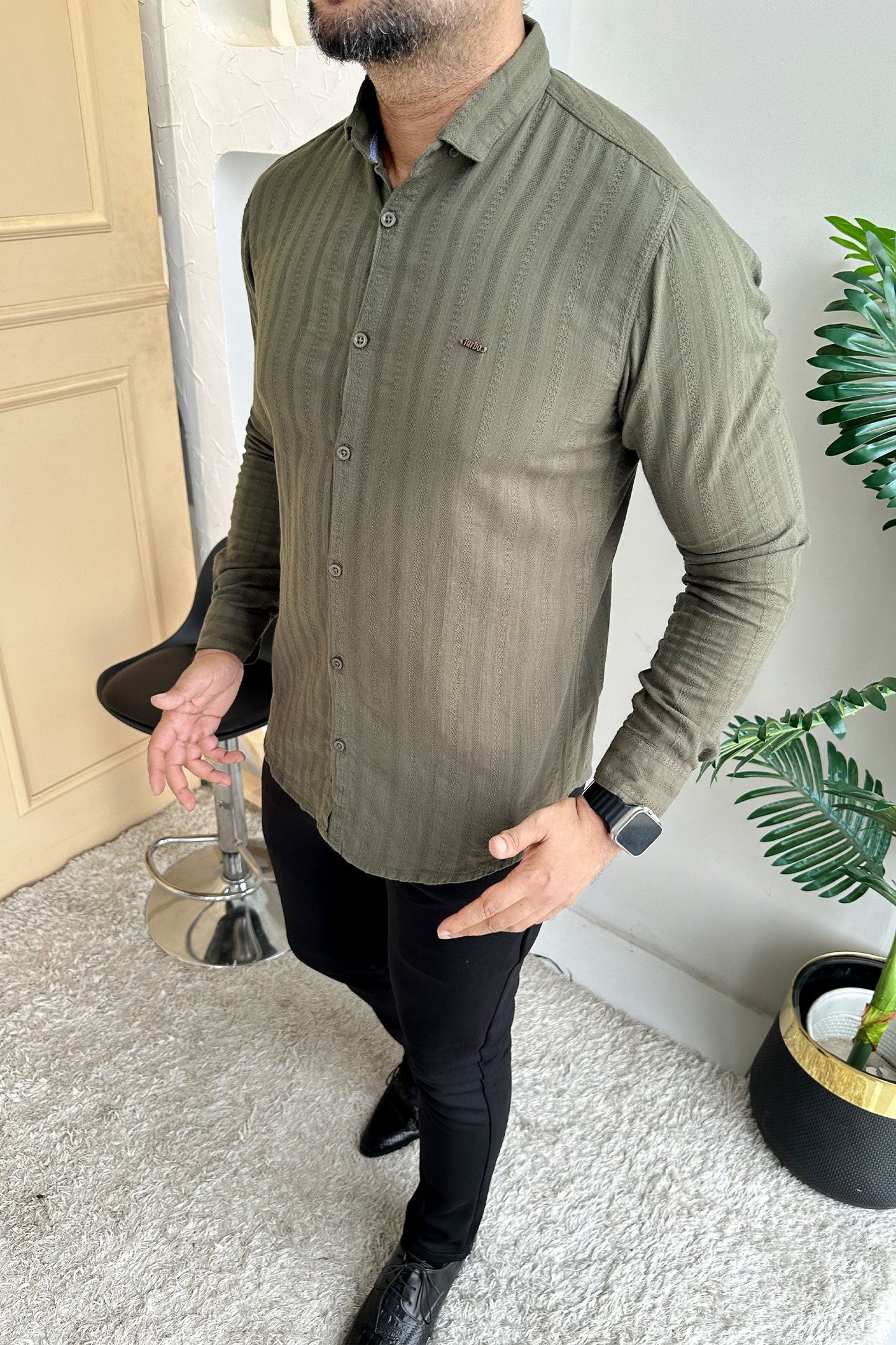 Turbo Self Stripe Motif Long Sleeve Cotton Casual Shirt In Camo Green