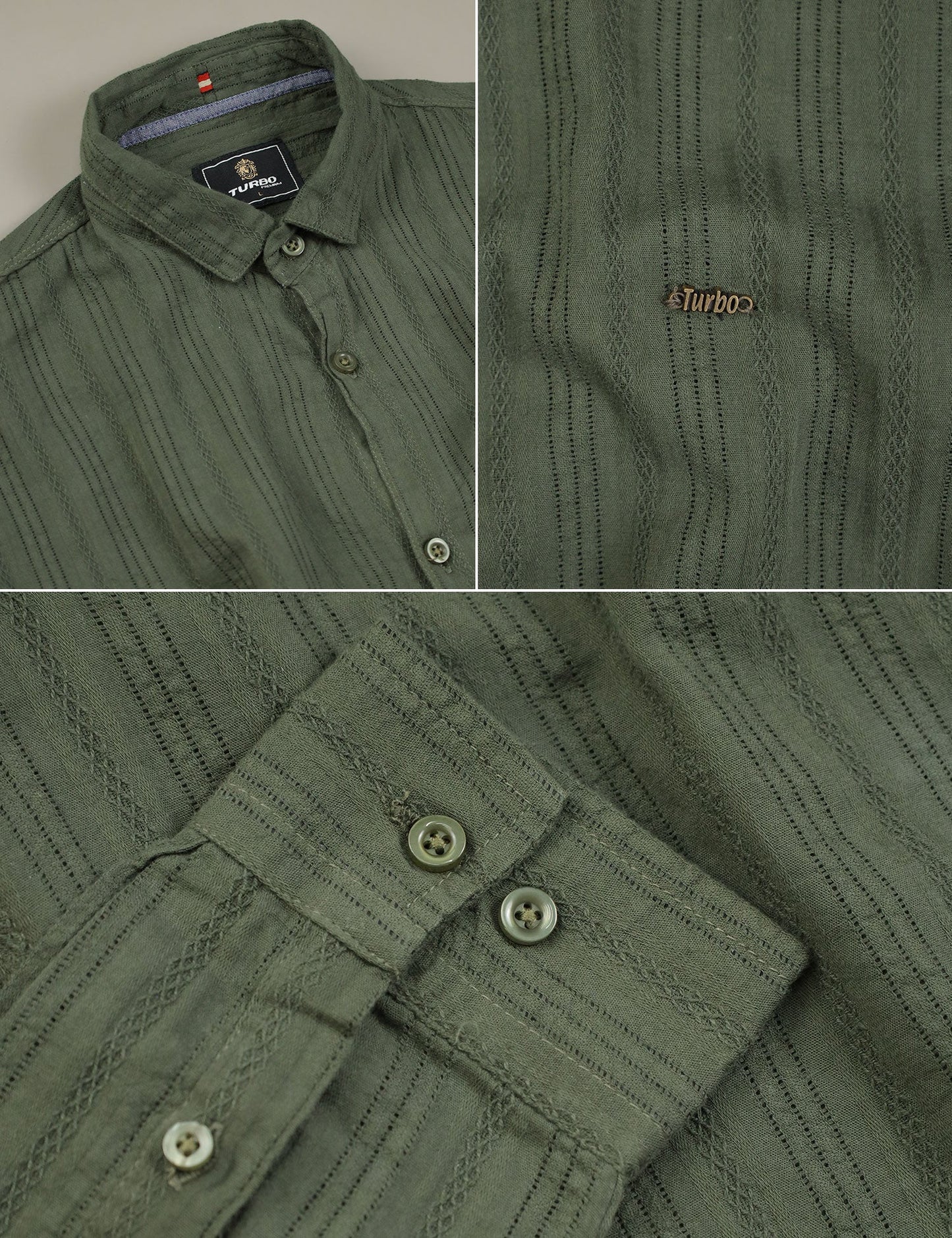 Turbo Self Stripe Motif Long Sleeve Cotton Casual Shirt In Camo Green