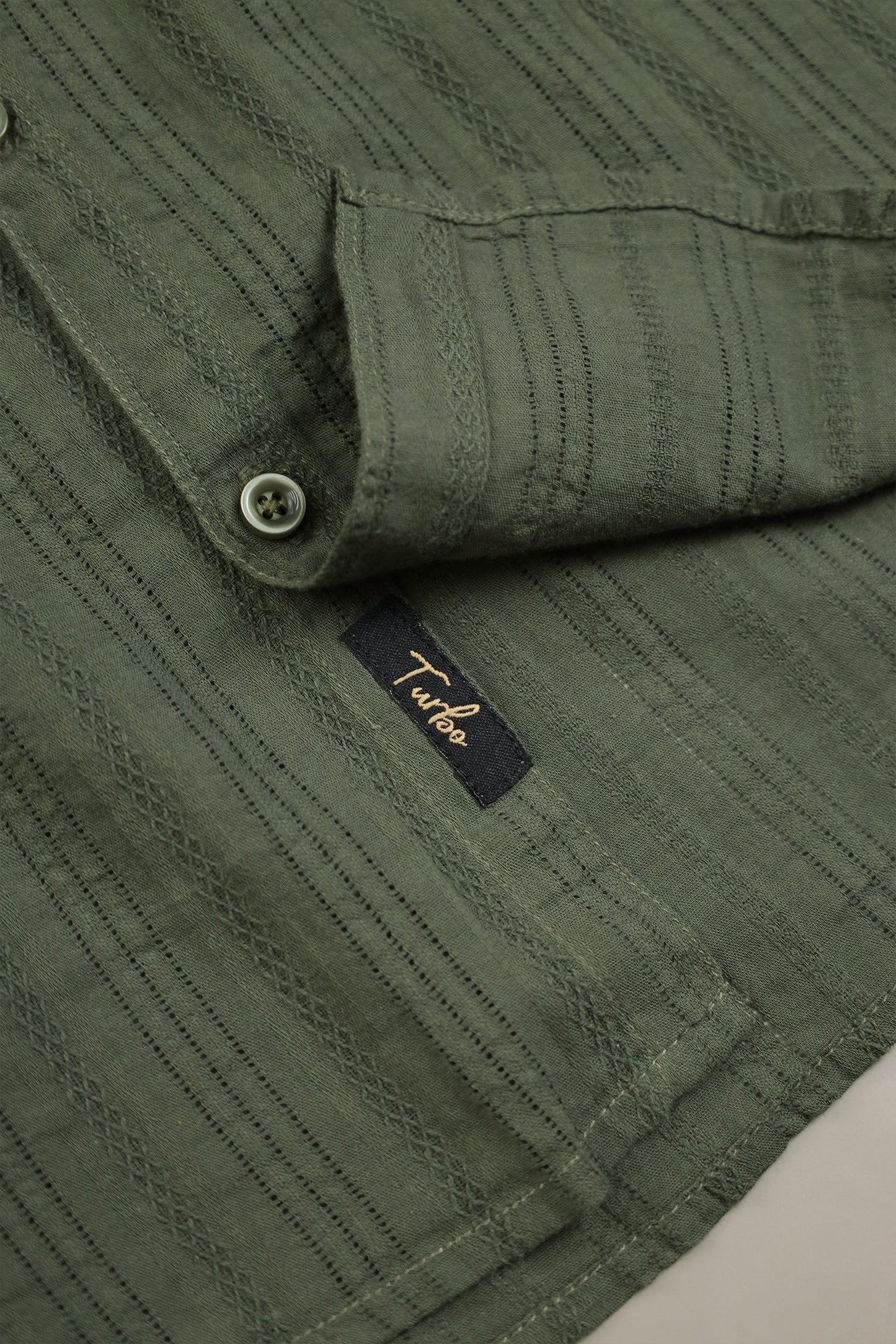 Turbo Self Stripe Motif Long Sleeve Cotton Casual Shirt In Camo Green
