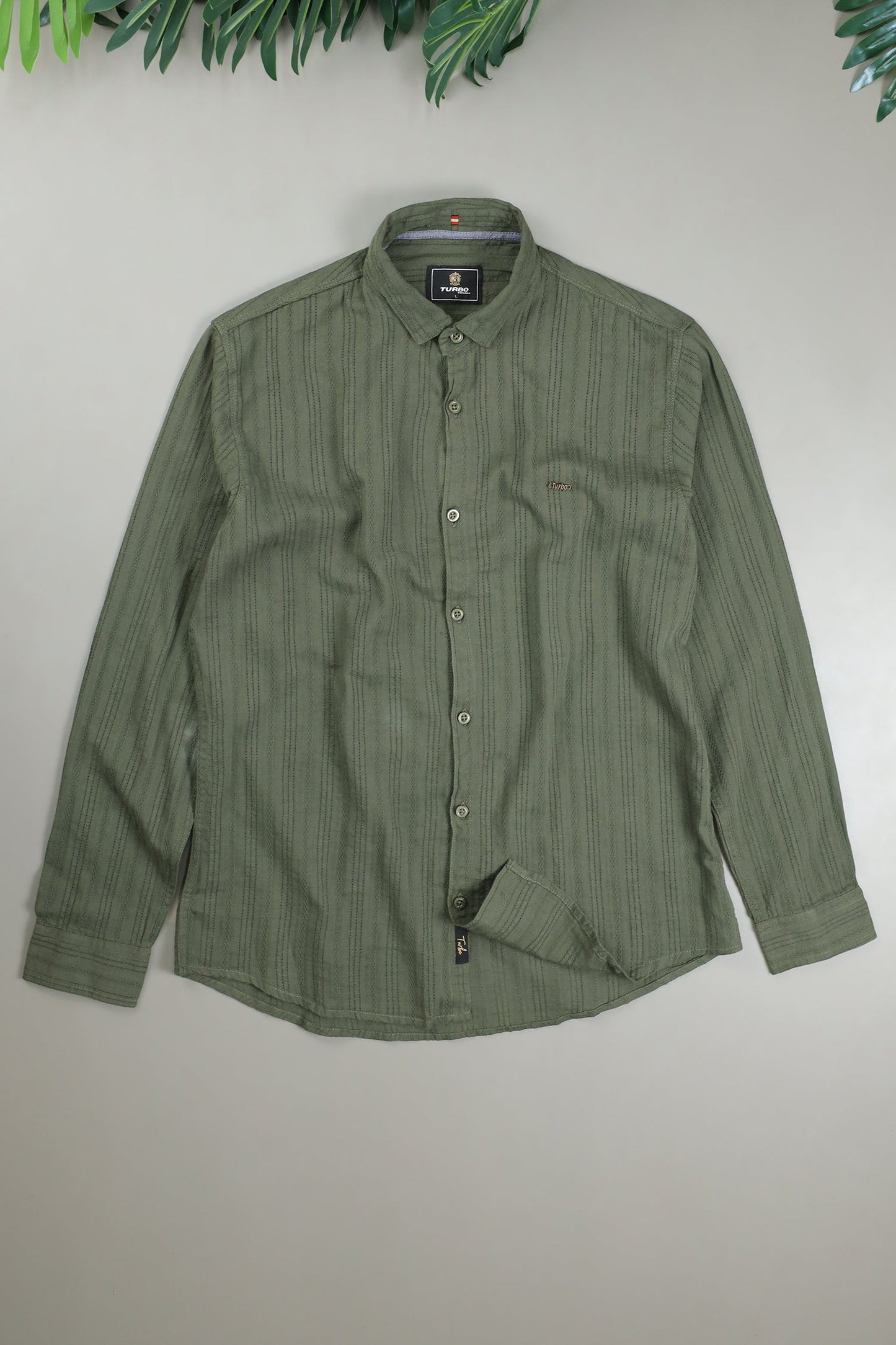 Turbo Self Stripe Motif Long Sleeve Cotton Casual Shirt In Camo Green
