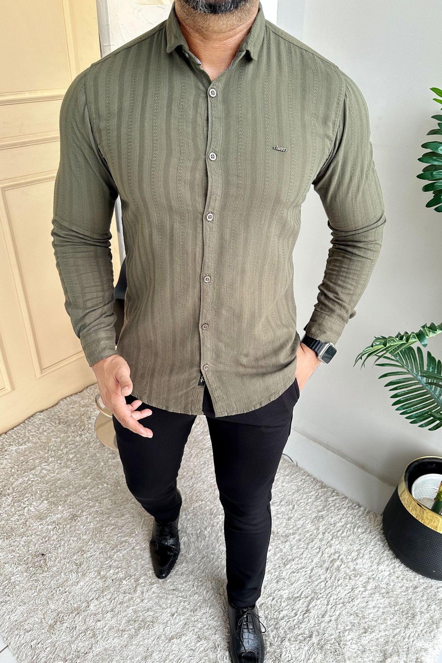 Turbo Self Stripe Motif Long Sleeve Cotton Casual Shirt In Camo Green