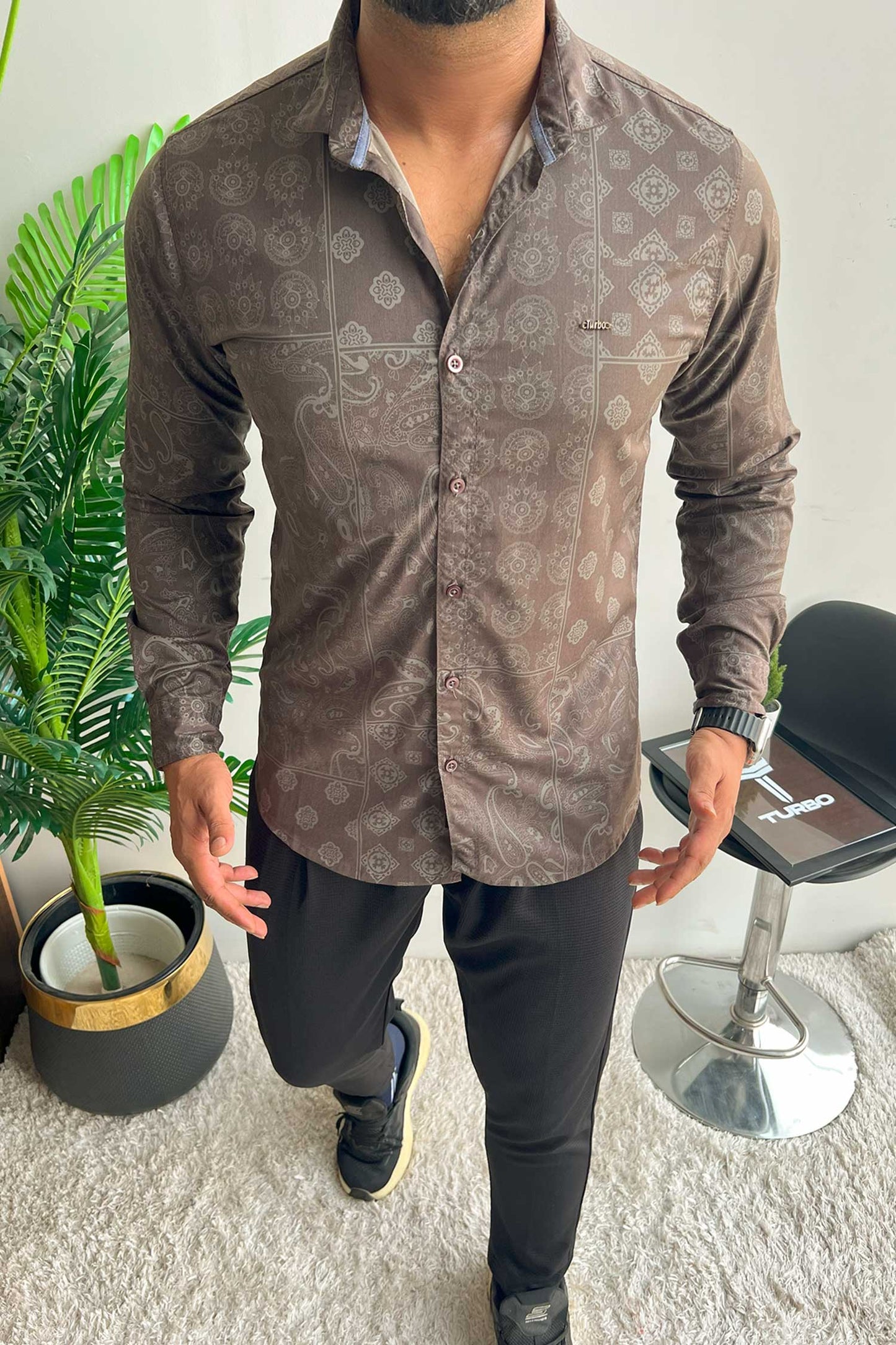 Turbo Splash Printed Long Sleeve Cotton Casual Shirt In Charcoal Grey