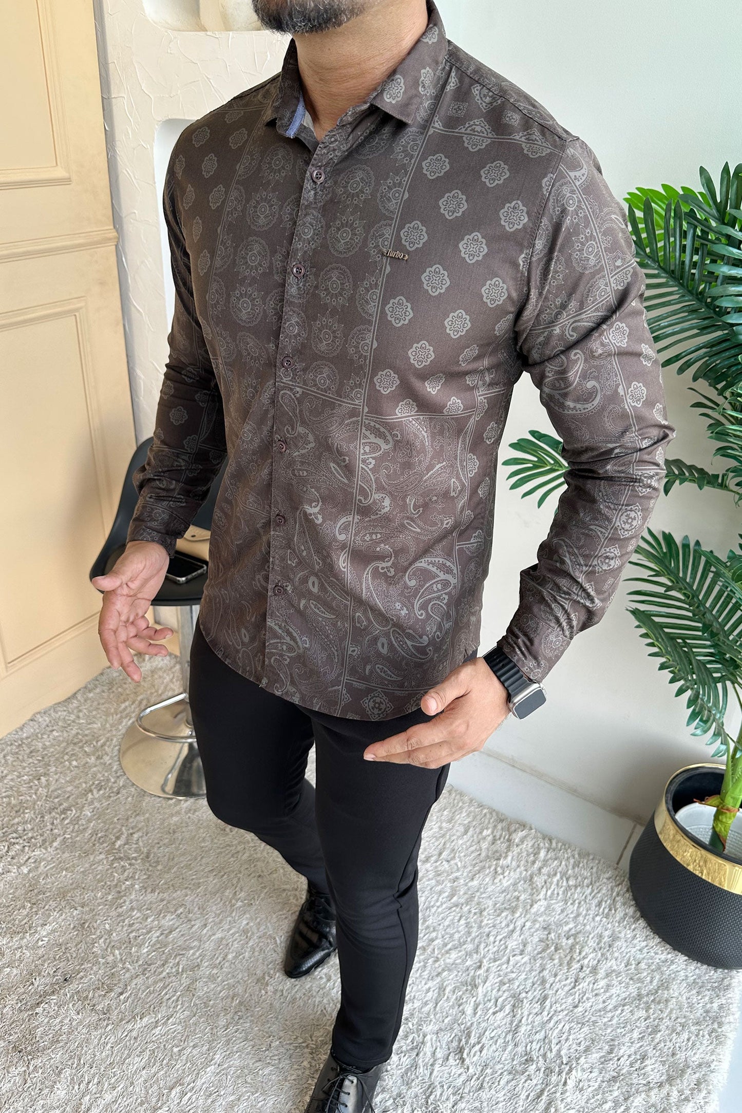 Turbo Splash Printed Long Sleeve Cotton Casual Shirt In Charcoal Grey
