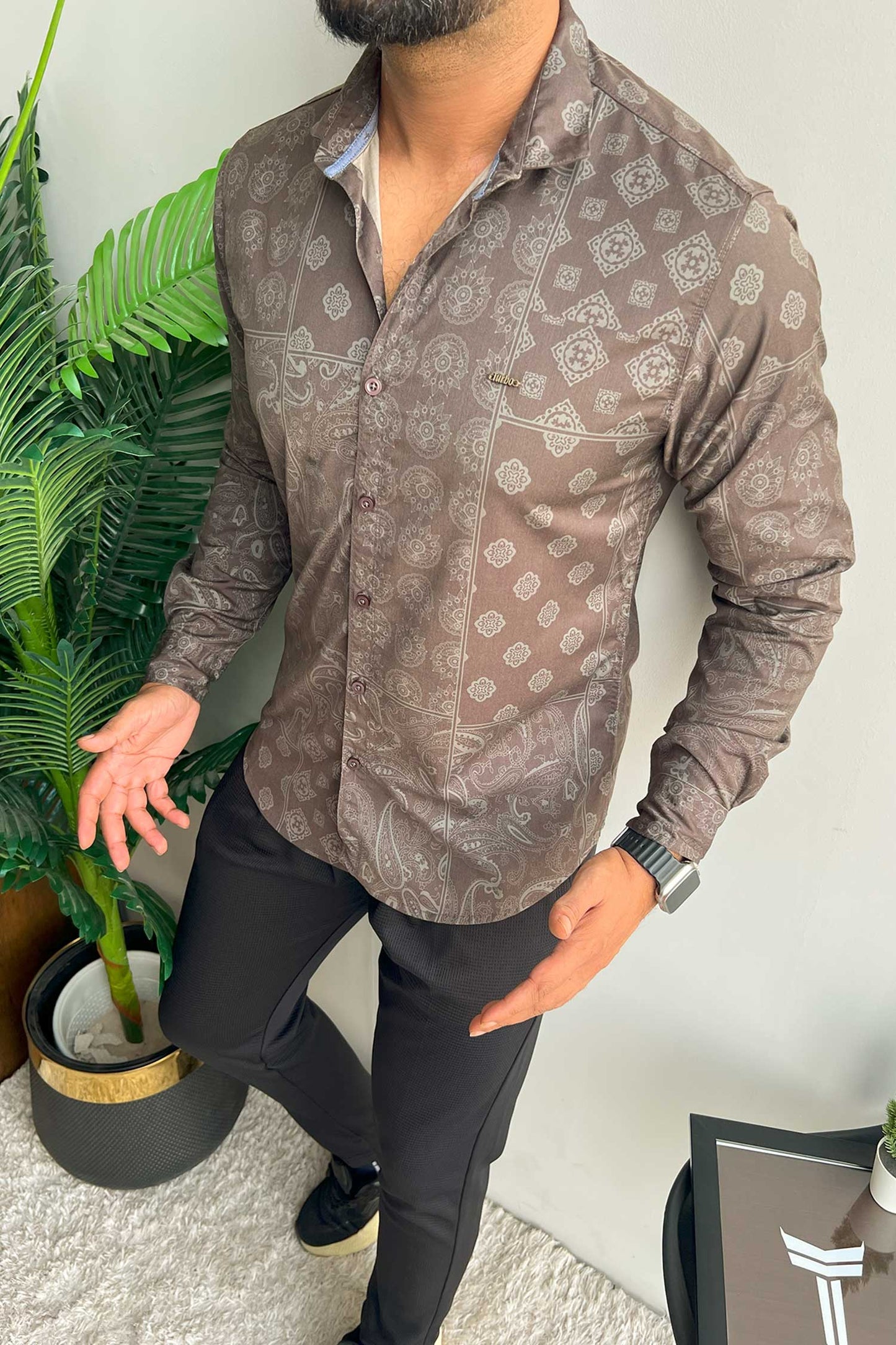 Turbo Splash Printed Long Sleeve Cotton Casual Shirt In Charcoal Grey