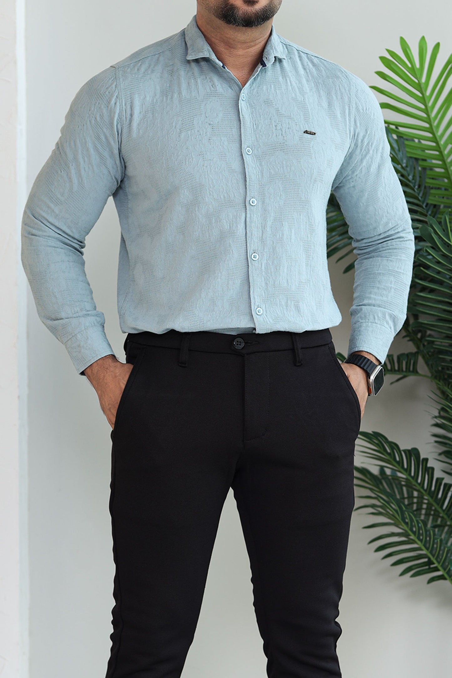 Fabrico Long Sleeve Cotton Casual Shirt In Cyan