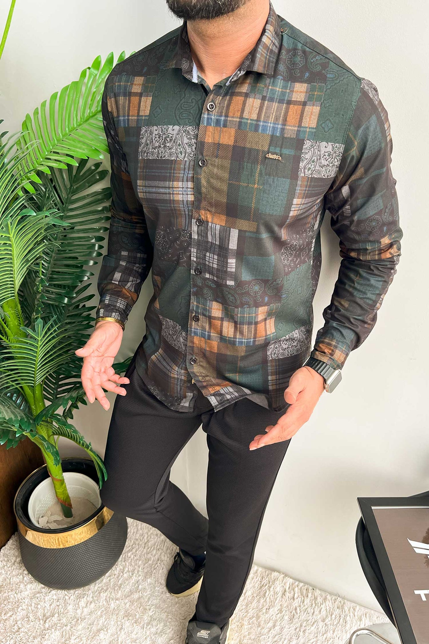 Turbo Checkered Crown Long Sleeve Cotton Casual Shirt