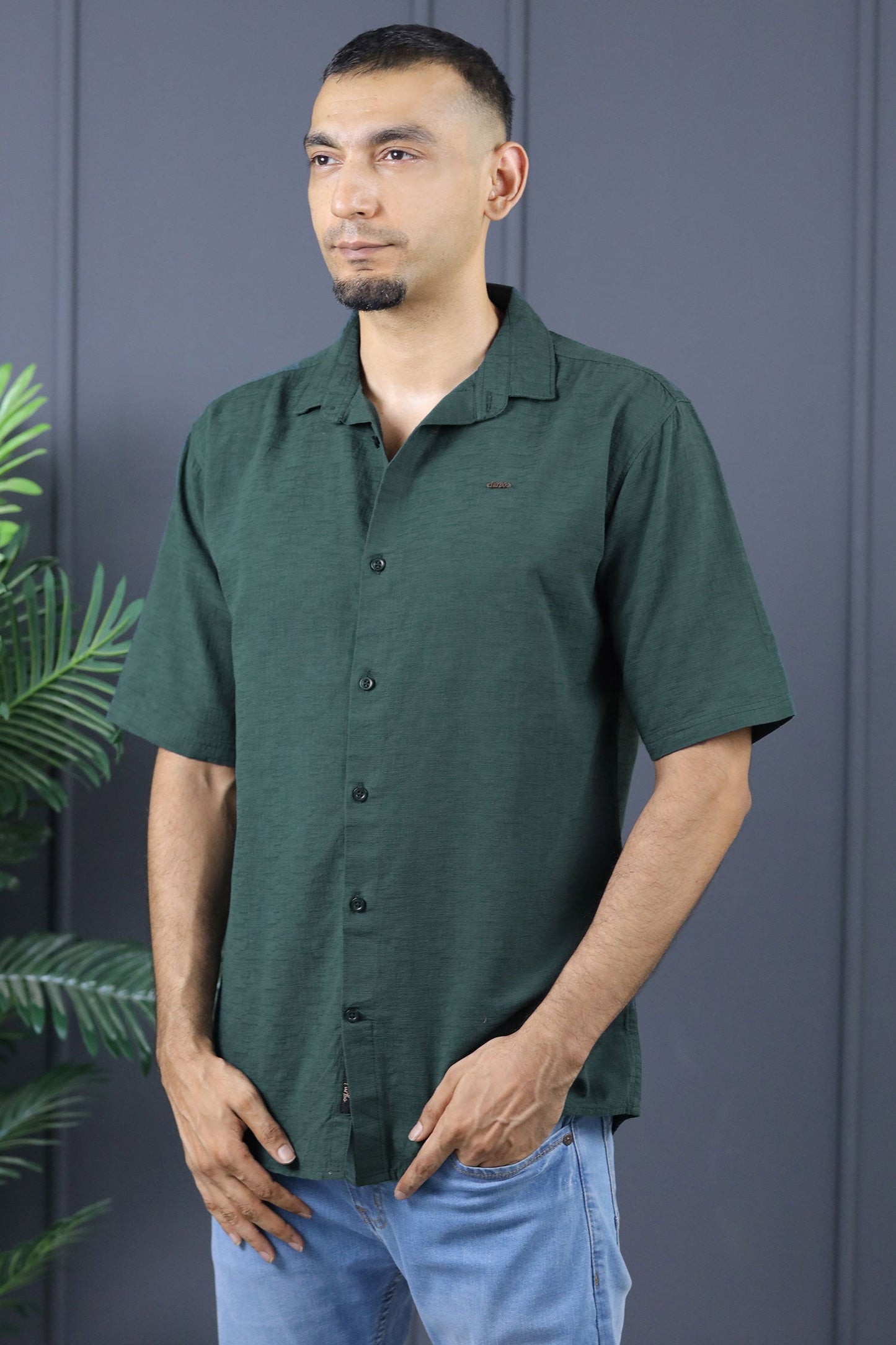 Turbo Textured Relaxed Fit Casual Shirt In Dark Green