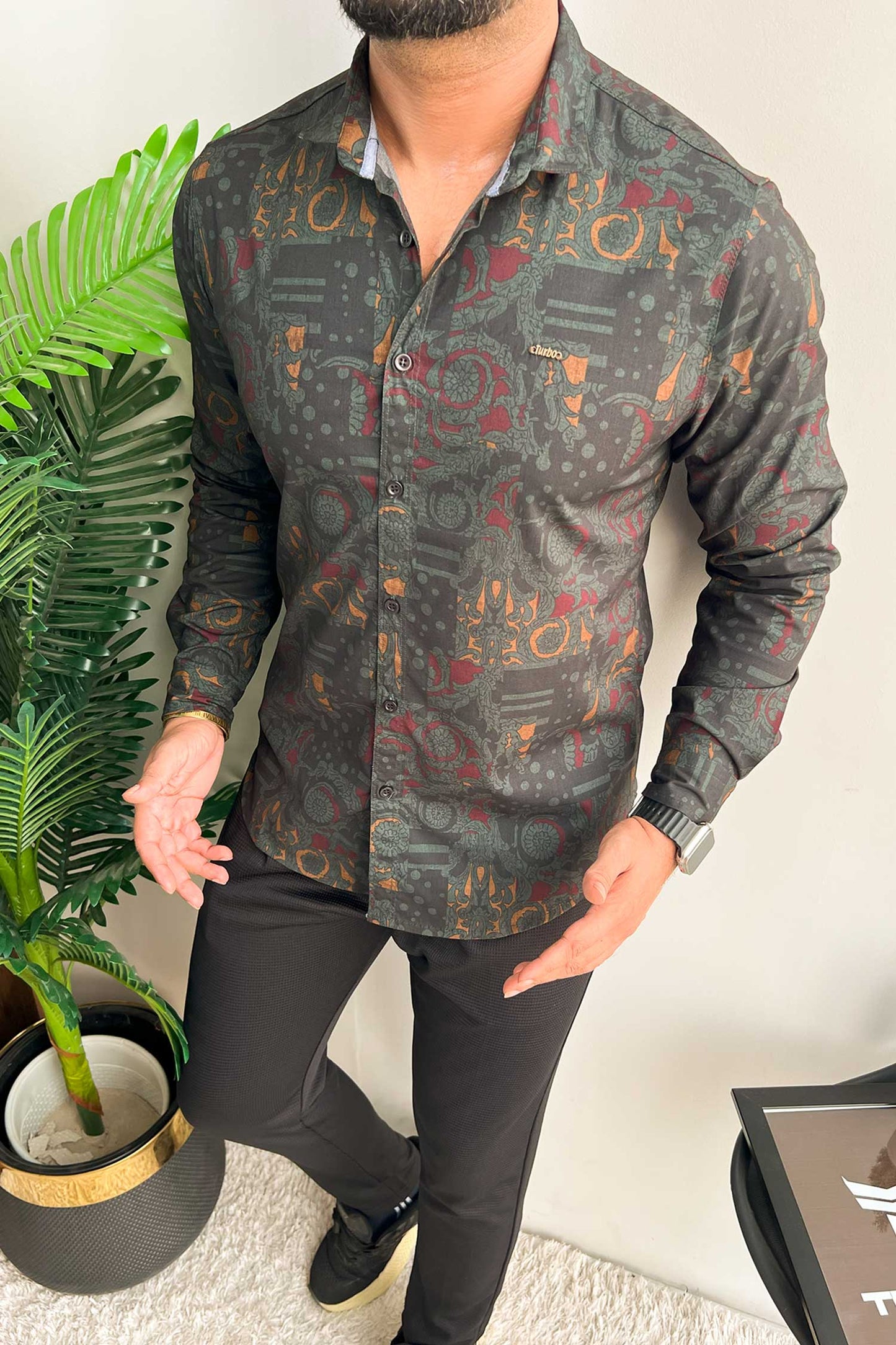 Turbo Retro Flower Motif Long Sleeve Cotton Casual Shirt In Dark Green