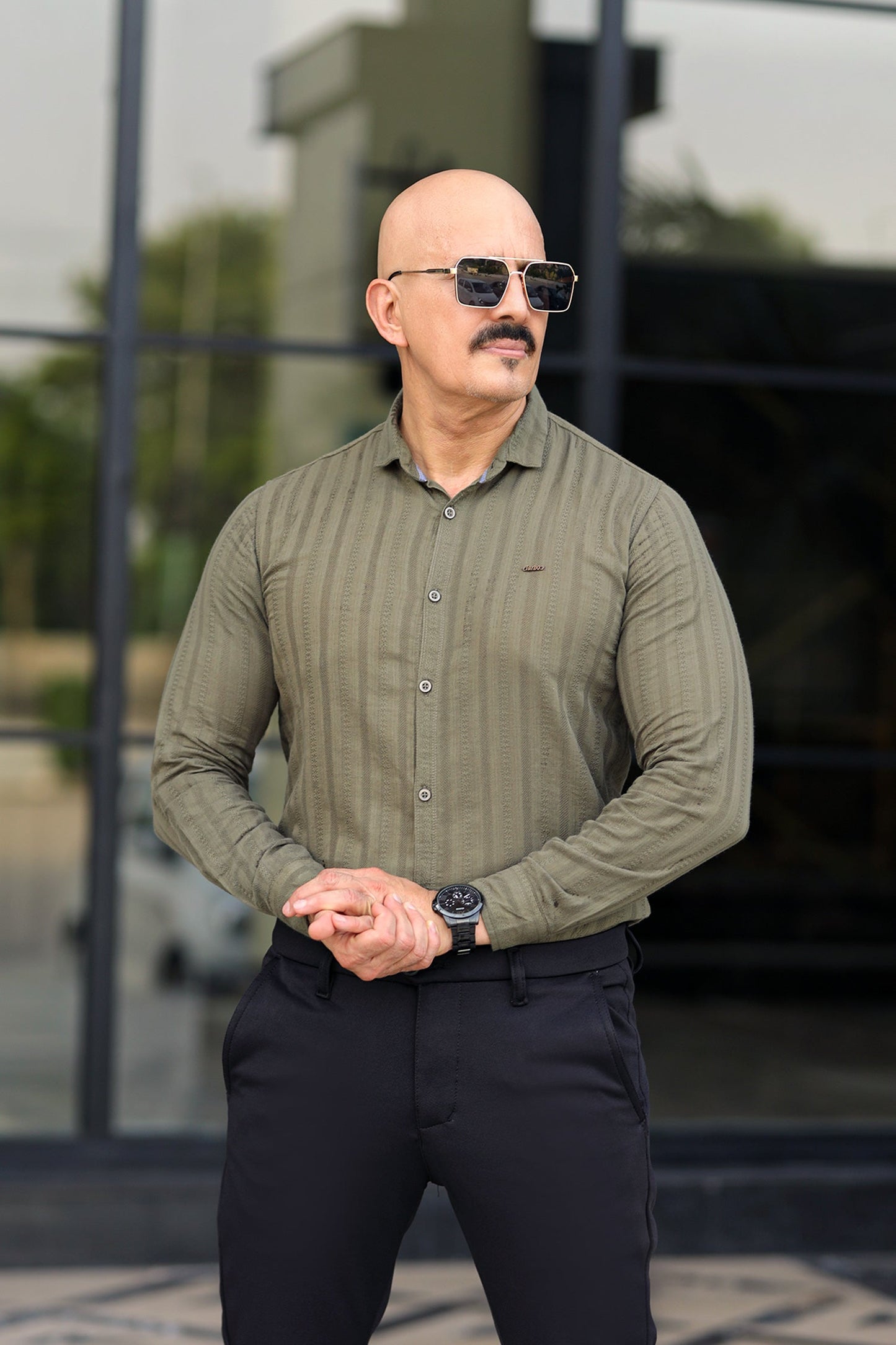 Turbo Self Stripe Motif Long Sleeve Cotton Casual Shirt