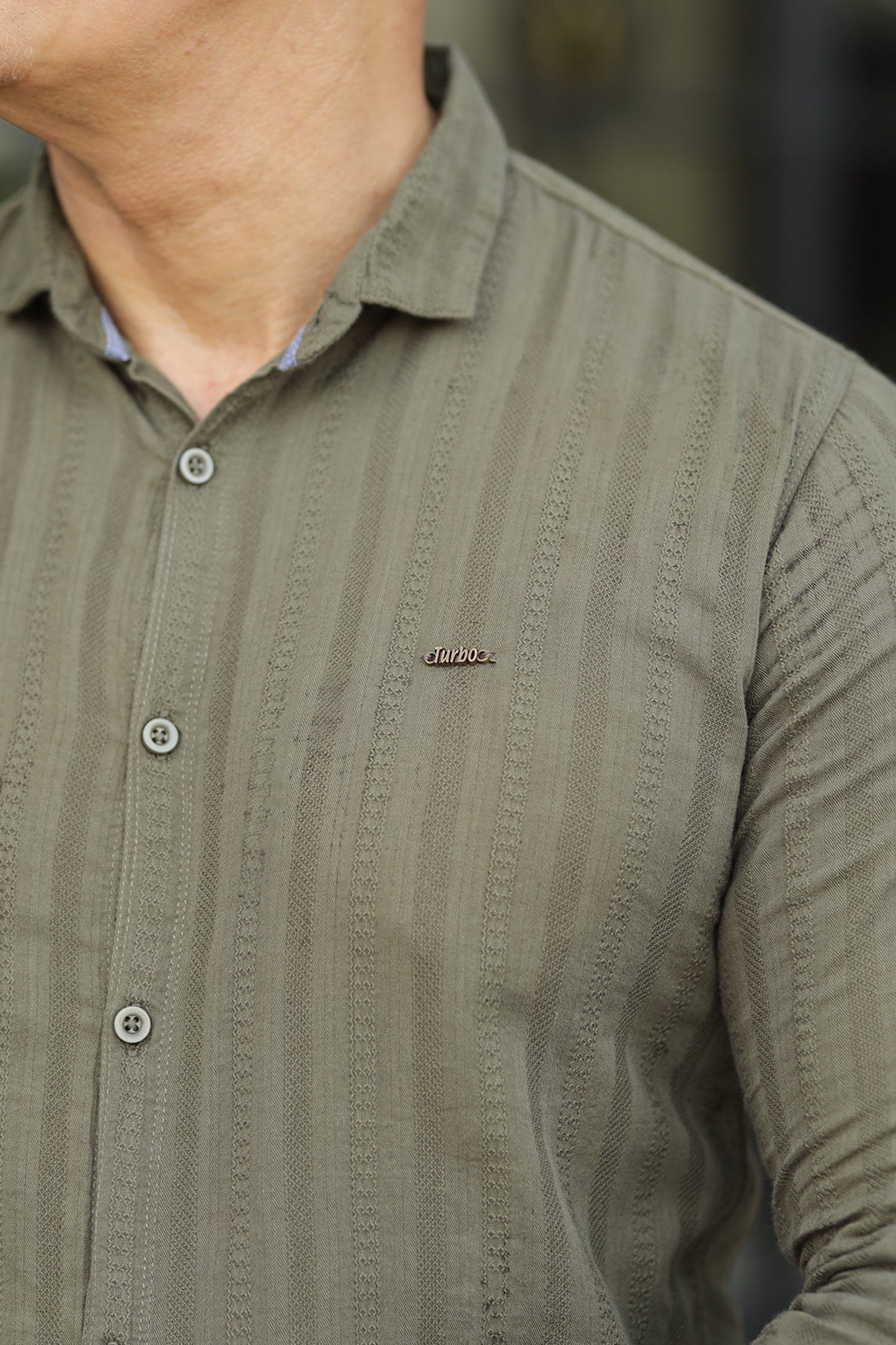 Turbo Self Stripe Motif Long Sleeve Cotton Casual Shirt