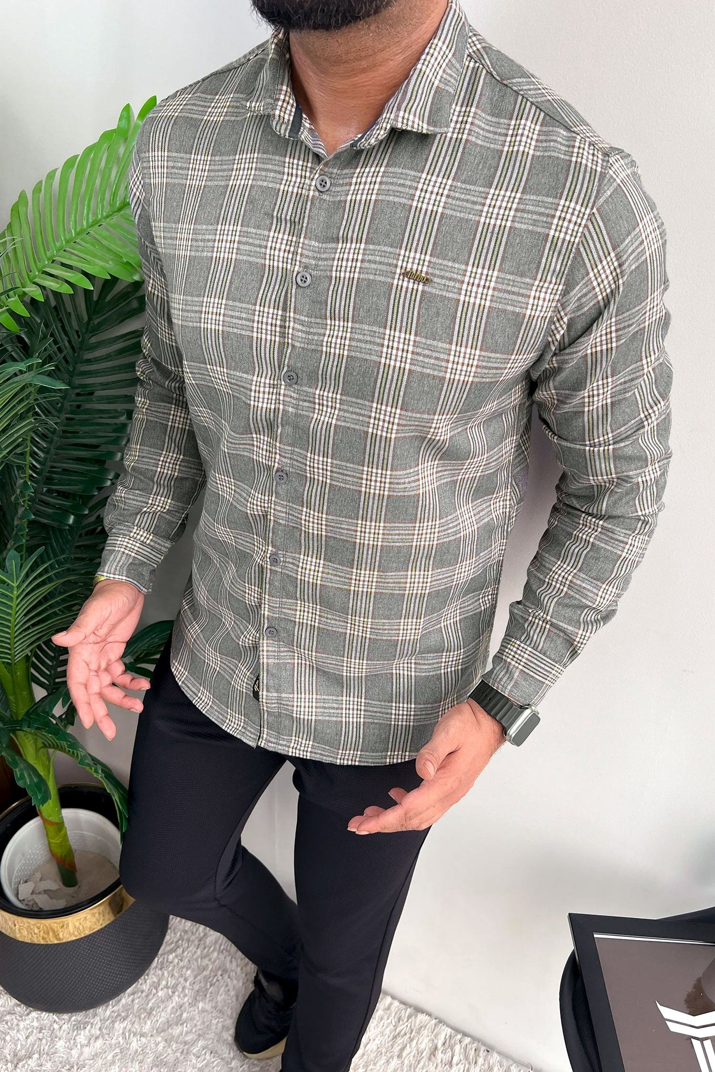 Turbo Tattersall Checkered Long Sleeve Cotton Casual Shirt In Grey