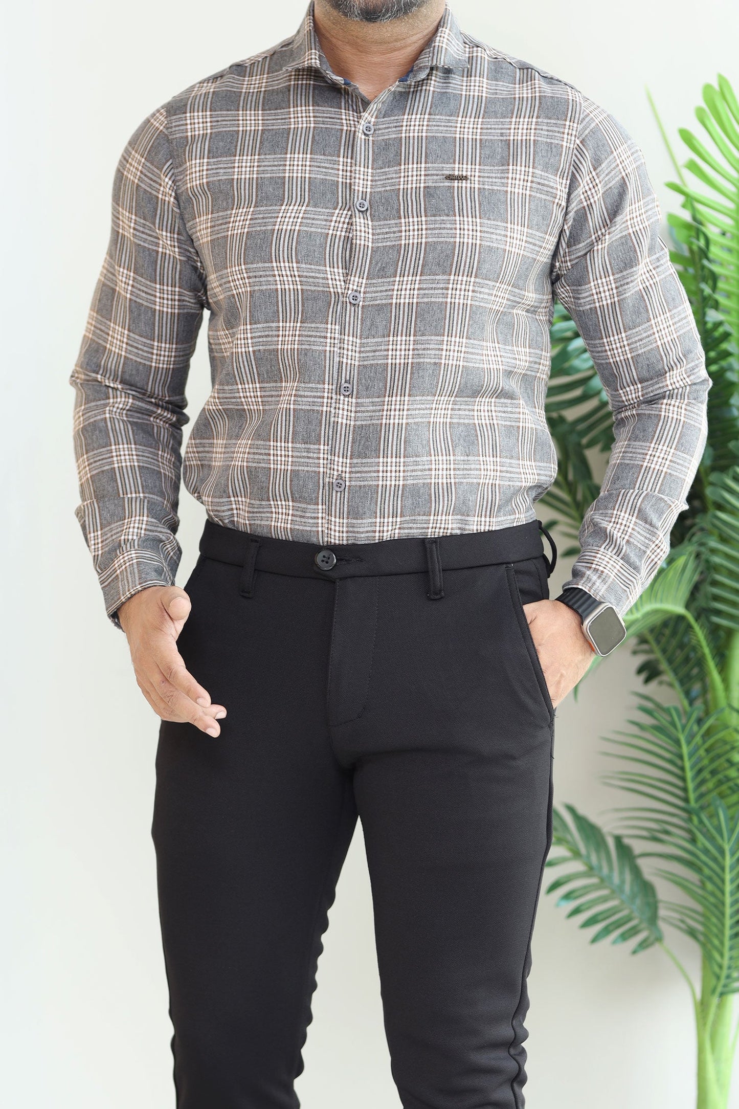 Turbo Tattersall Checkered Long Sleeve Cotton Casual Shirt In Grey
