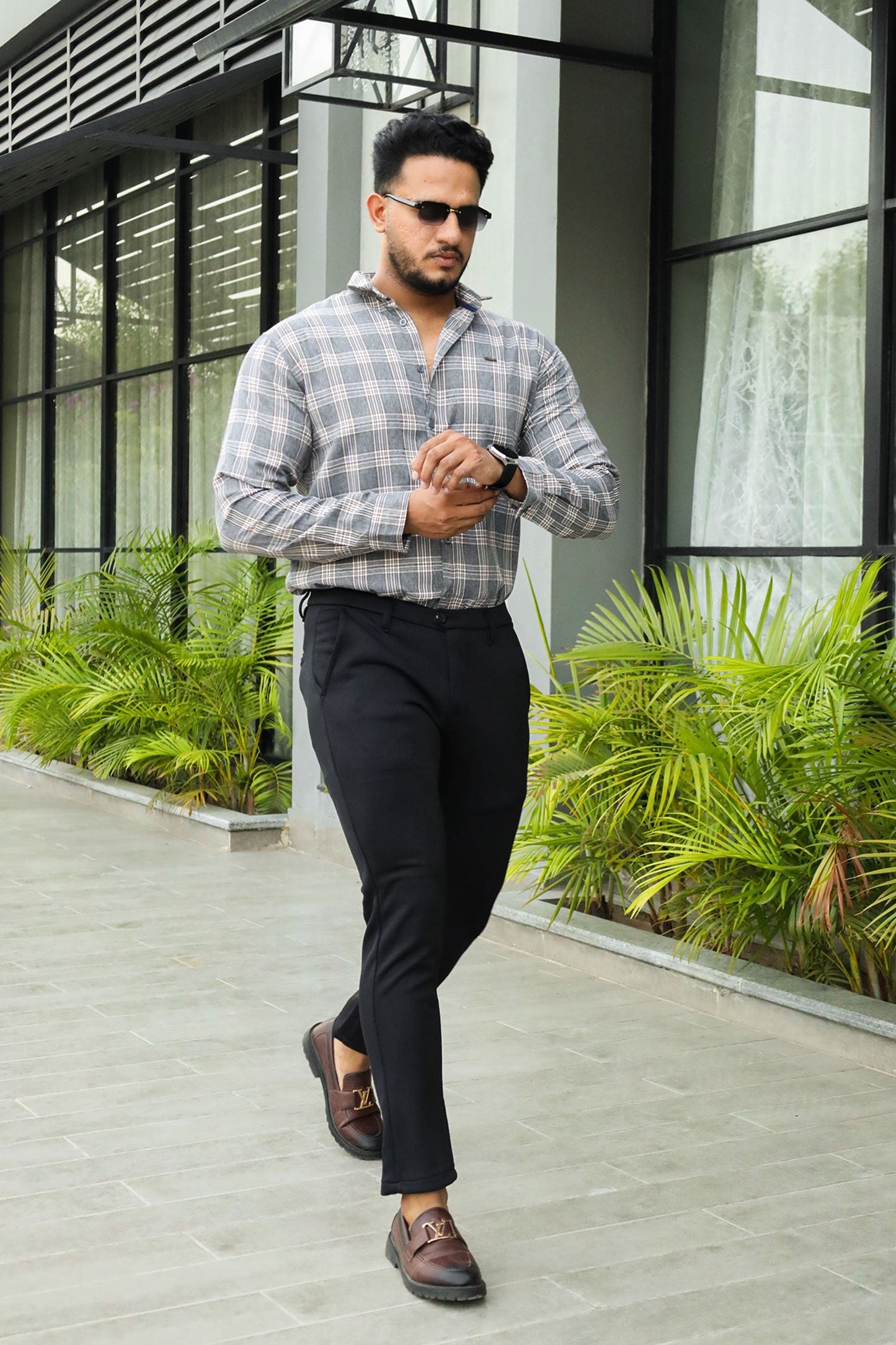 Turbo Tattersall Checkered Long Sleeve Cotton Casual Shirt In Grey
