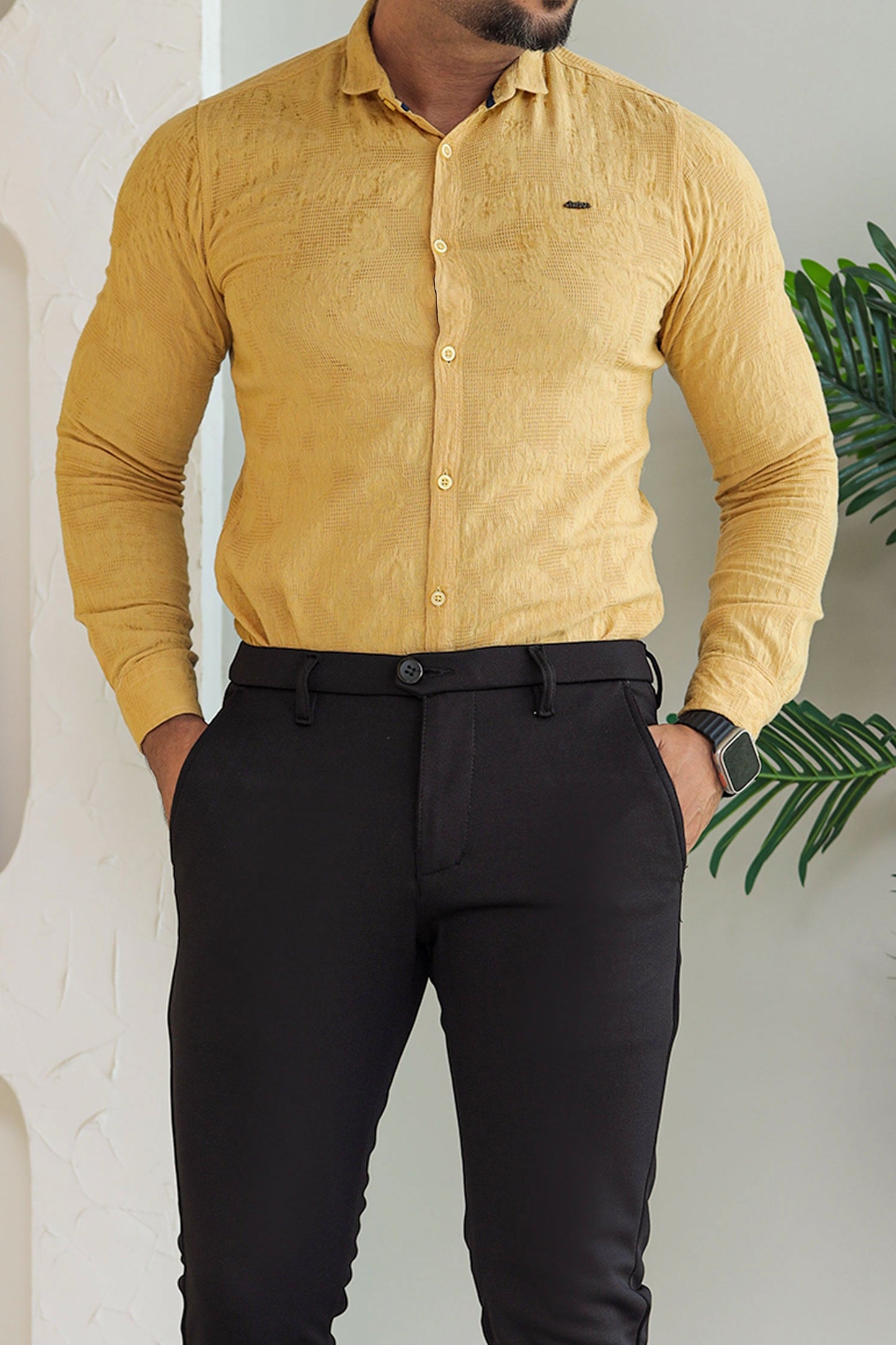 Fabrico Vintage Patterend Long Sleeve Cotton Casual Shirt In Khaaki