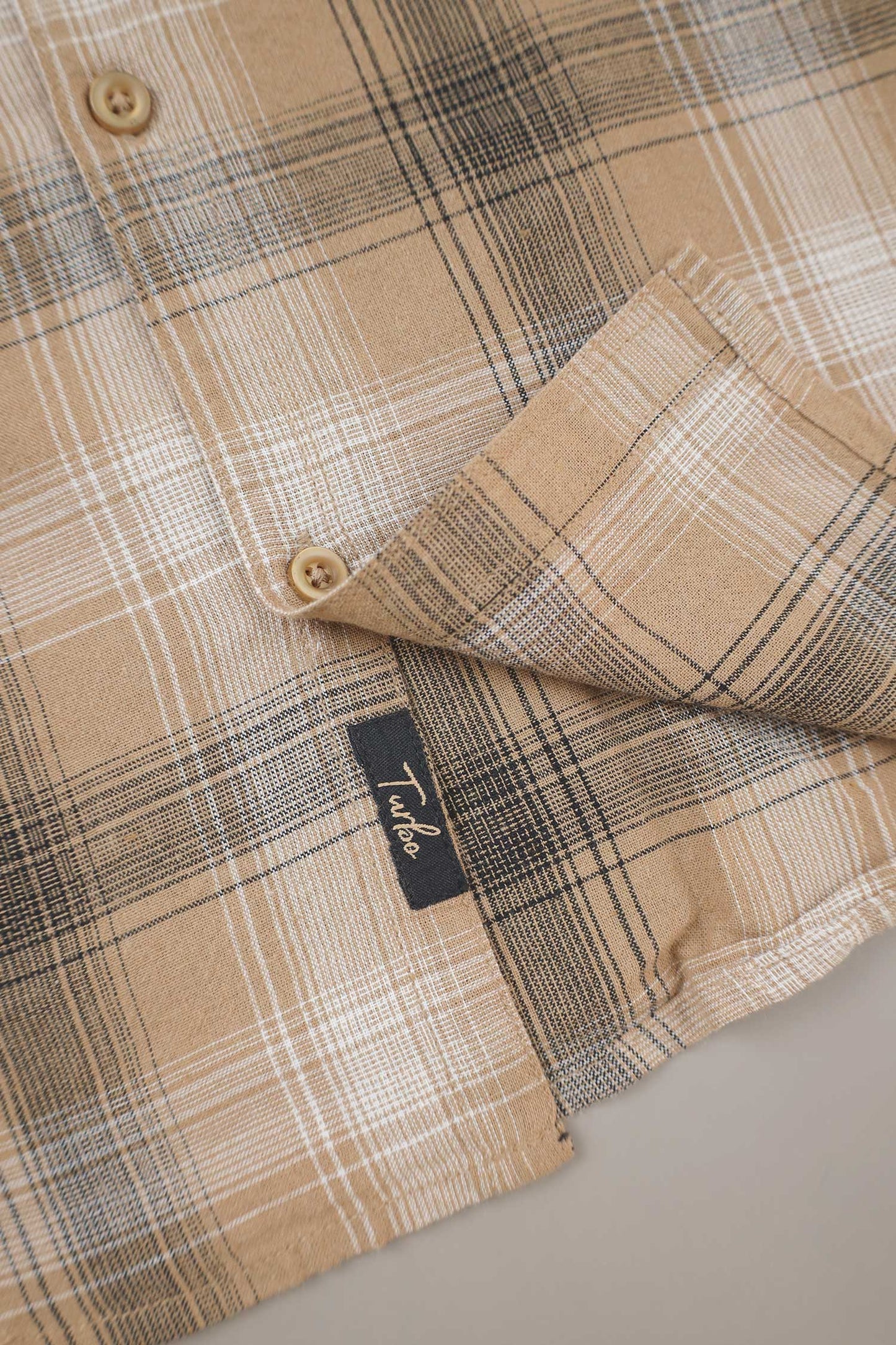 Turbo Tribe Premium Flannel Long Sleeve Cotton Casual Shirt In Light Camel