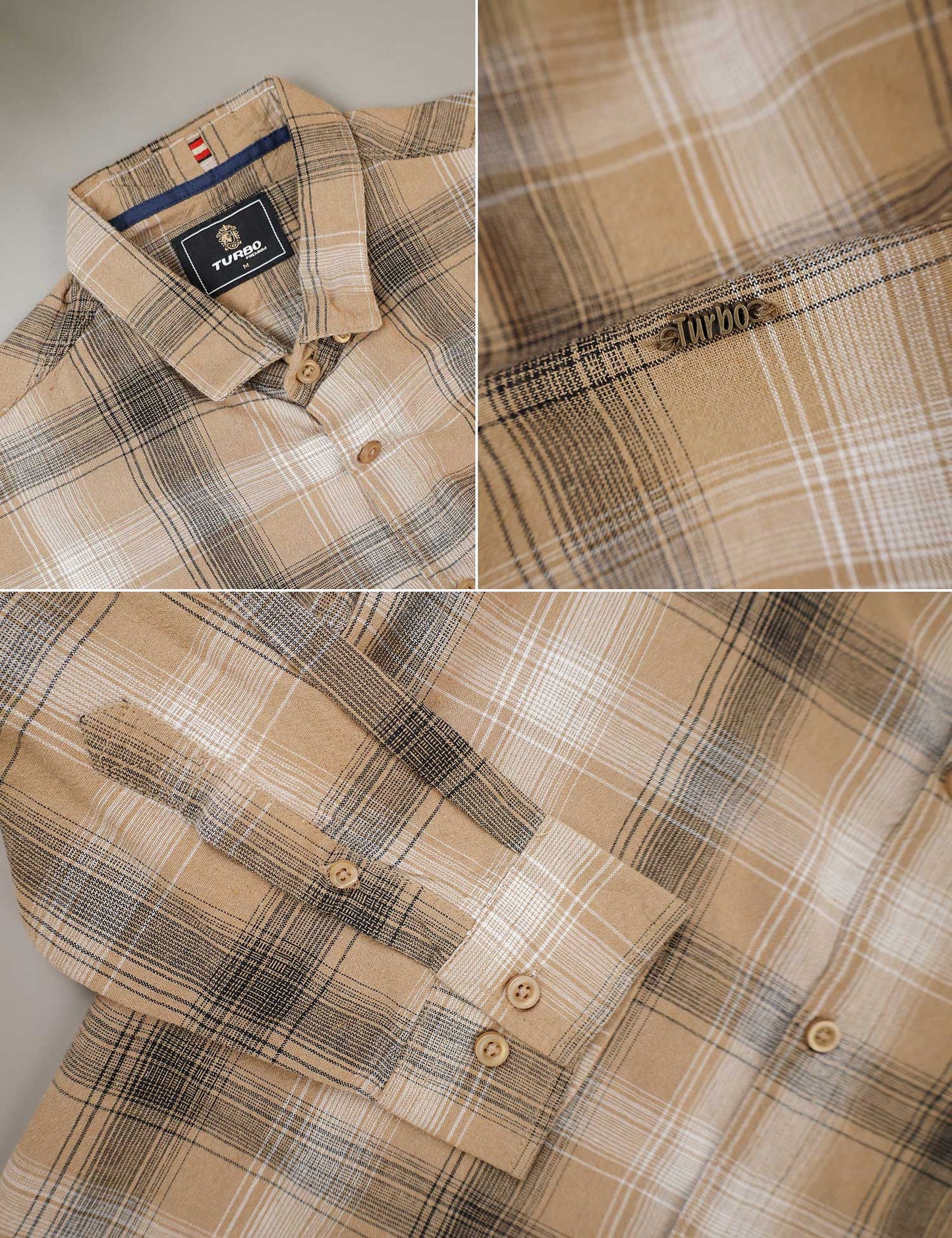 Turbo Tribe Premium Flannel Long Sleeve Cotton Casual Shirt In Light Camel