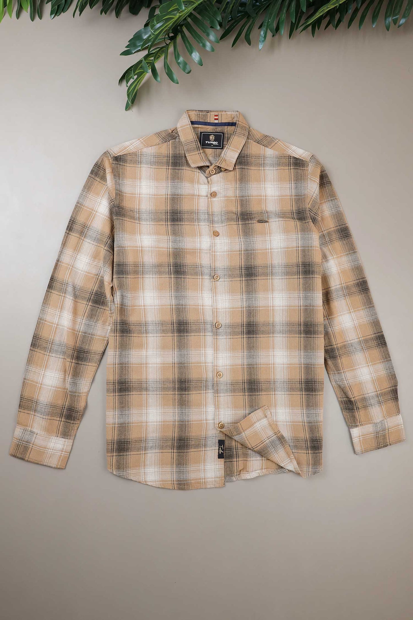 Turbo Tribe Premium Flannel Long Sleeve Cotton Casual Shirt In Light Camel