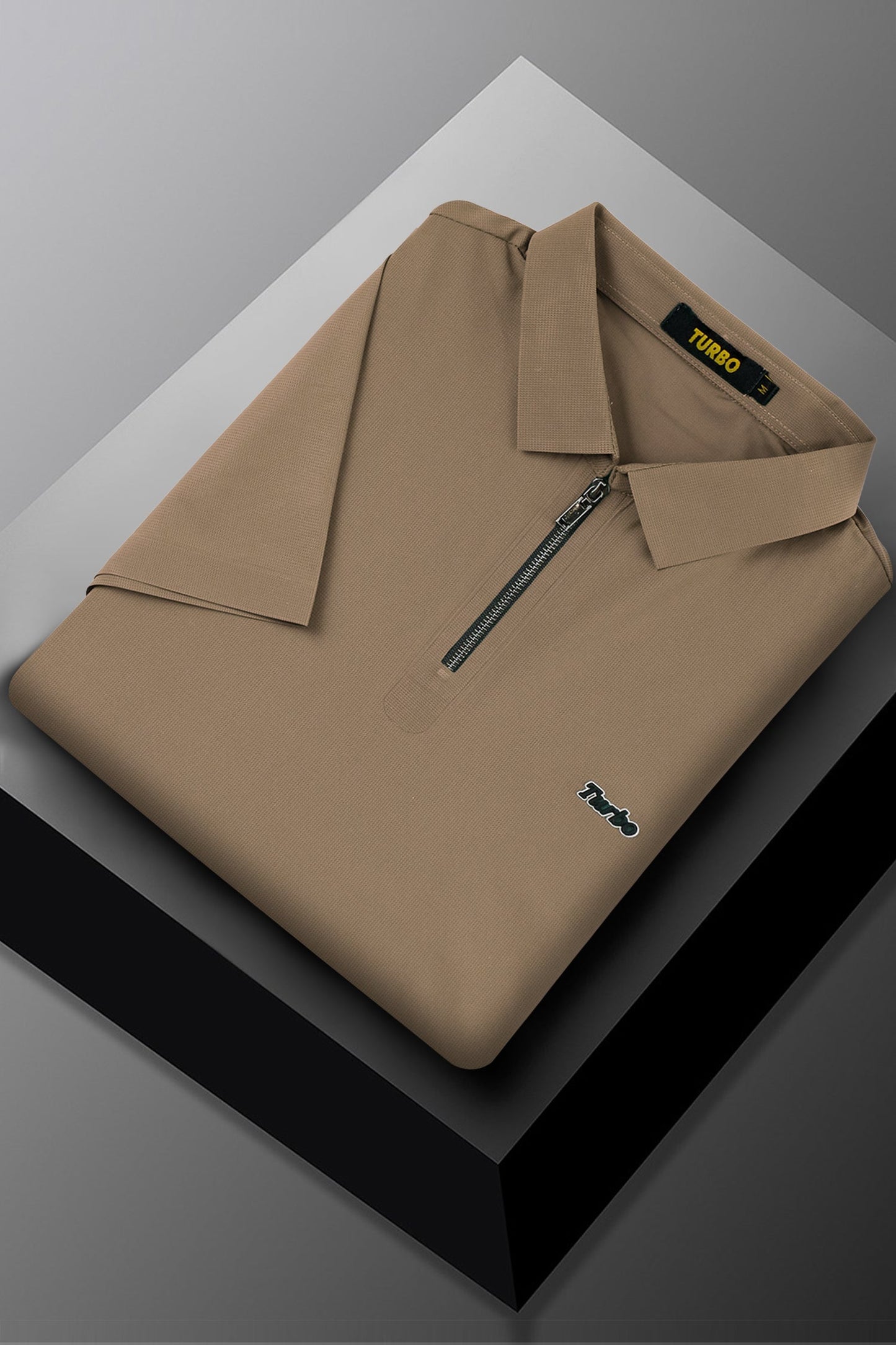 Turbo Signature Script Zip-Placket Men's Polo Shirt In Light Camel