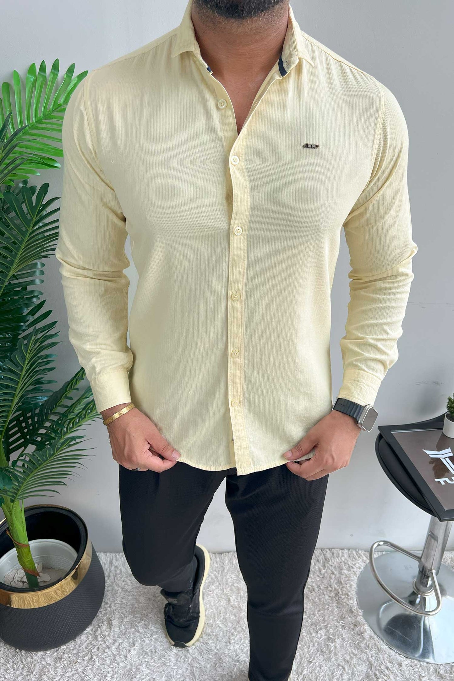 Turbo Self Lining Long Sleeve Cotton Casual Shirt In Light Lemon