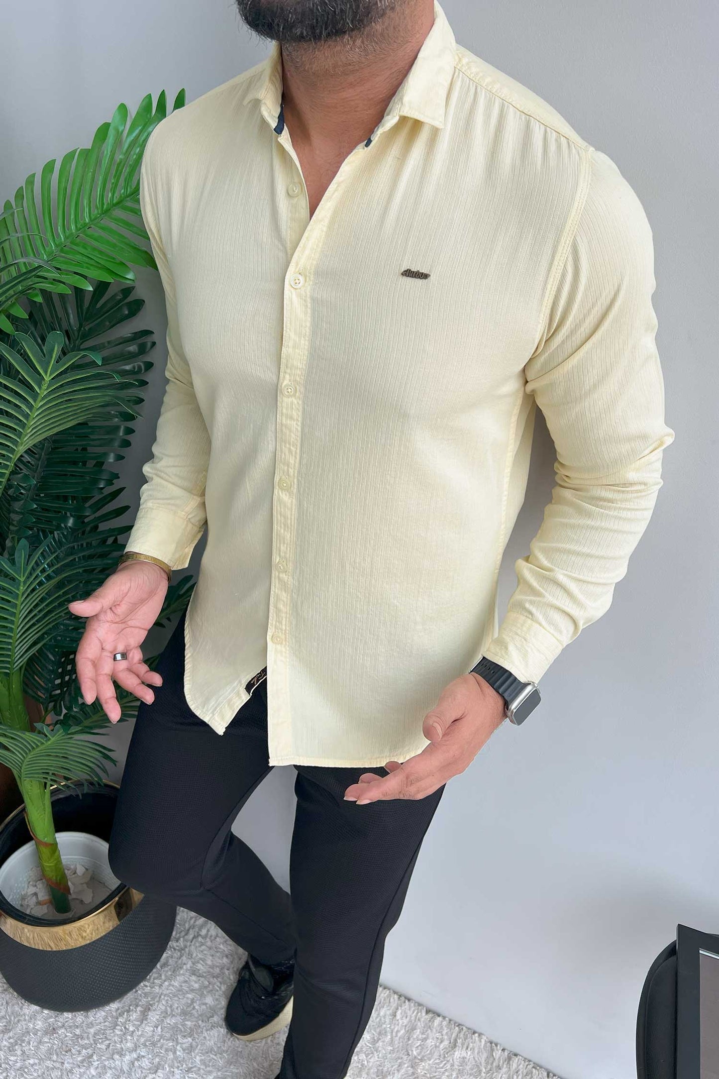 Turbo Self Lining Long Sleeve Cotton Casual Shirt In Light Lemon