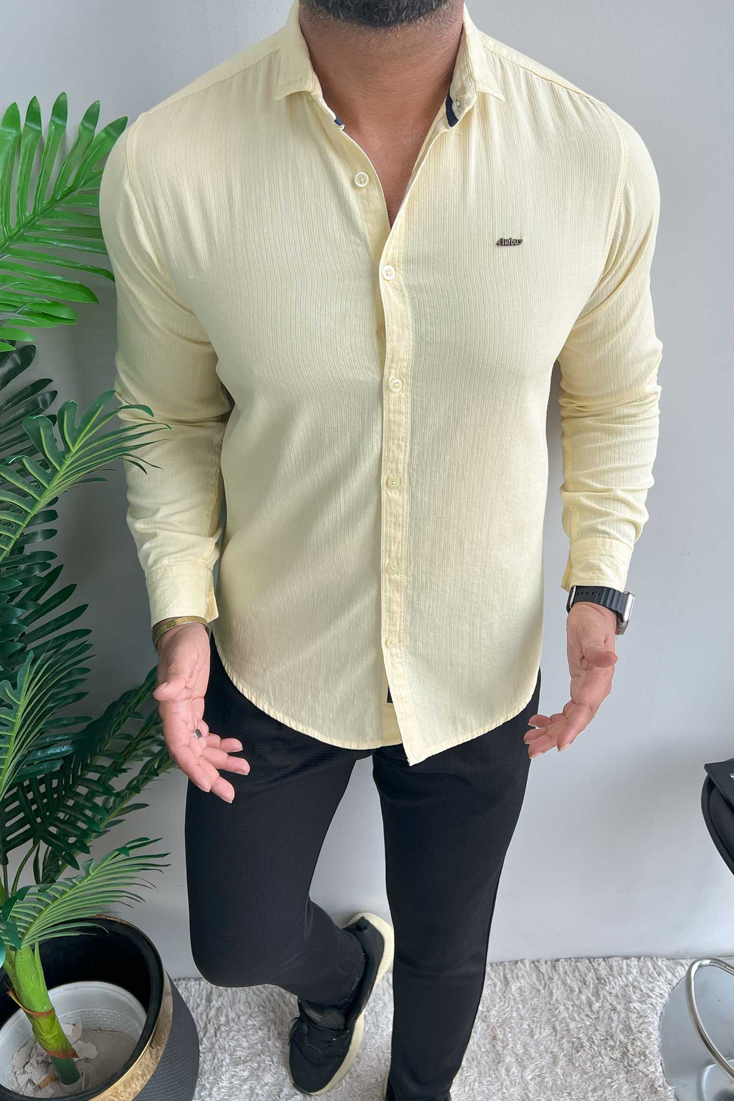 Turbo Self Lining Long Sleeve Cotton Casual Shirt In Light Lemon