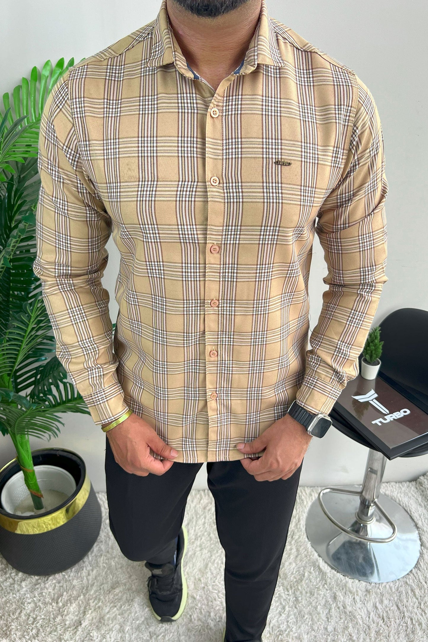Turbo Tattersall Checkered Long Sleeve Cotton Casual Shirt In Light Skin