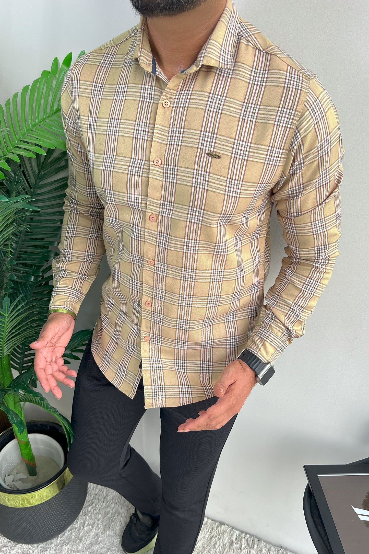 Turbo Tattersall Checkered Long Sleeve Cotton Casual Shirt In Light Skin
